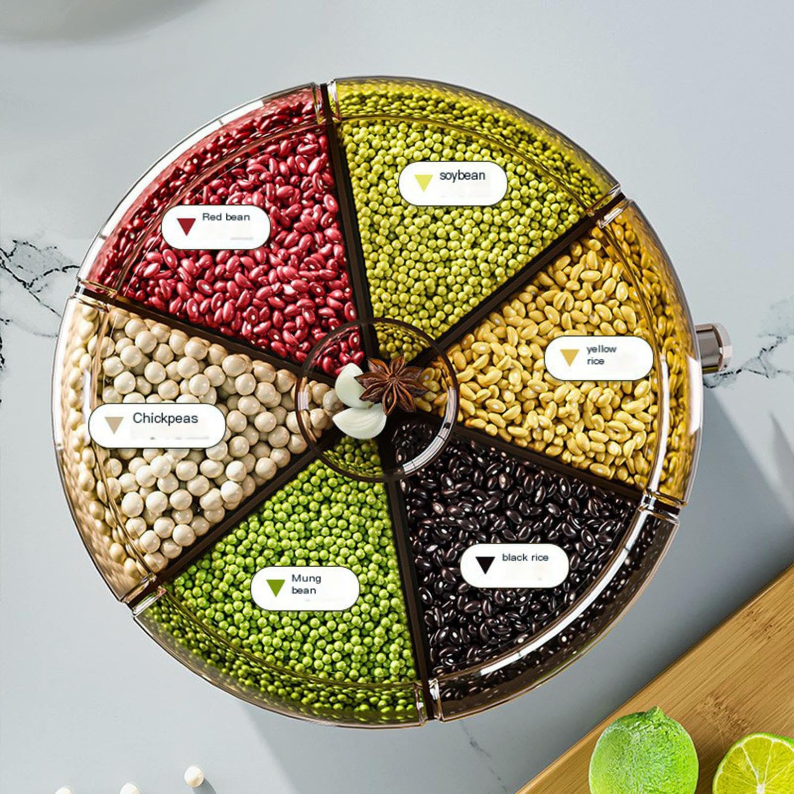 Récipient de rangement rotatif 360° pour céréales, distributeur de riz transparent 6 compartiments avec sortie en un clic, organisateur hermétique