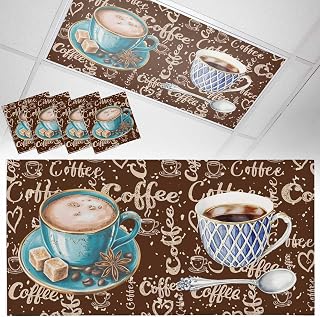 Fluorescent Light Covers, Brown Coffee Farmhouse Magnetic Light Covers for Ceiling Lights, Coffee Cup Bean Sugar Retro Fluorescent Ceiling Shade Filters for Classroom Bedroom Office 4x2Ft x 4PCS