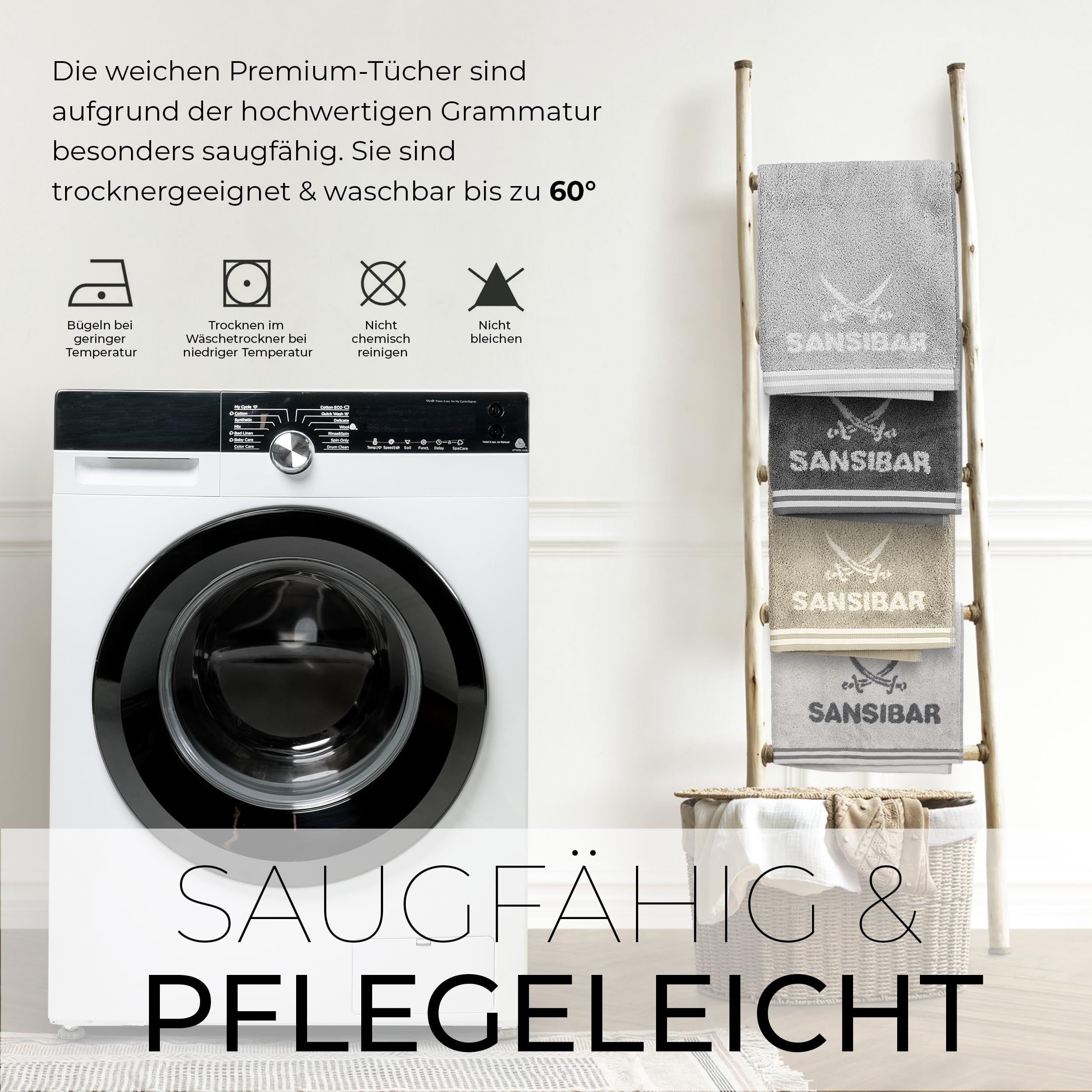 Sansibar Handtuch 4er Set 50x100 cm 100% Baumwolle Doubleface Frottiertuch gestreifte Borde Zweifarbig Silber/Weiß