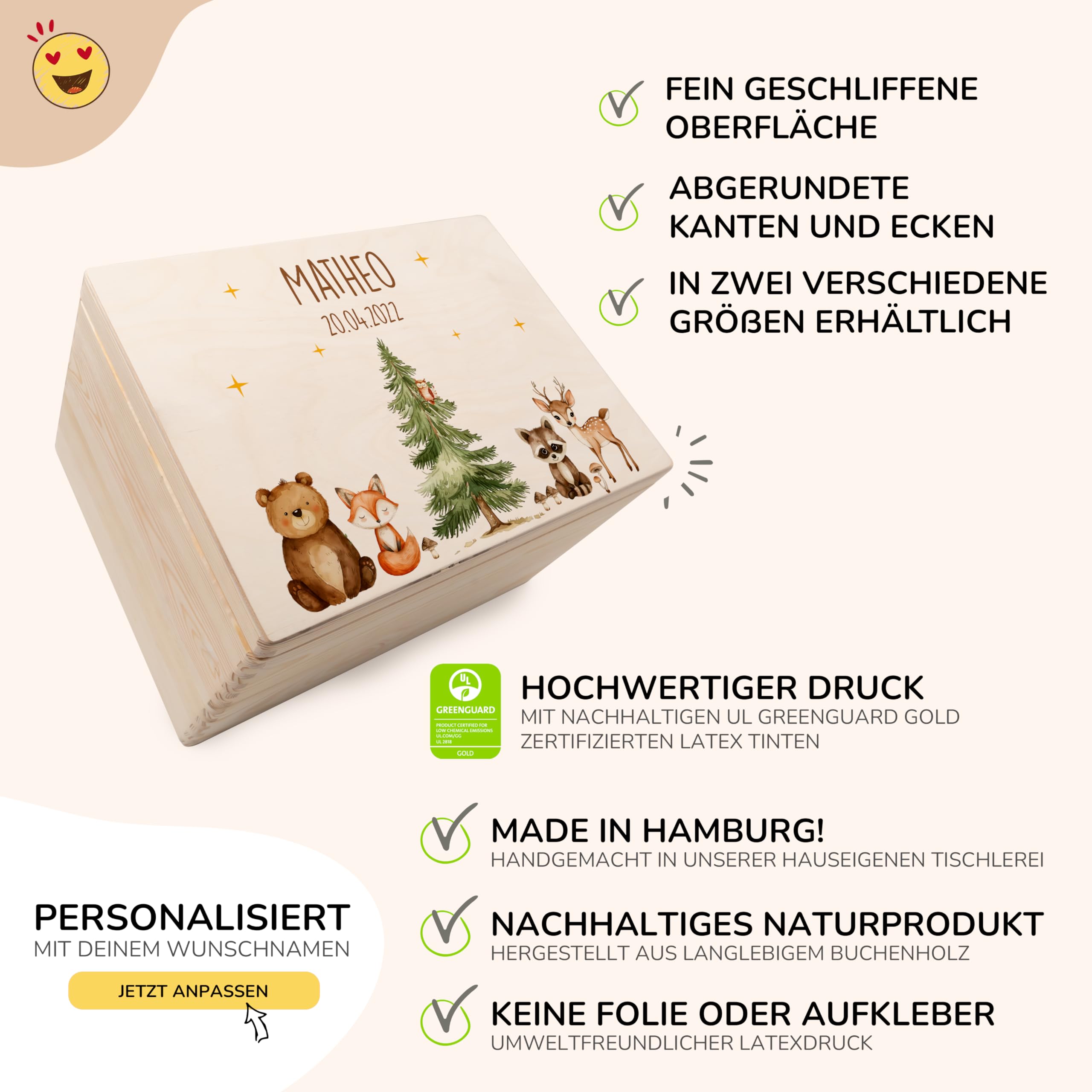 KIDSMOOD - Erinnerungsbox Baby, personalisierte Holzkiste mit Deckel, Ideal zur Aufbewahrung von Erinnerungen und als Geschenk zur Geburt, Taufe oder als Geburtstagsgeschenk für Mädchen und Jungen