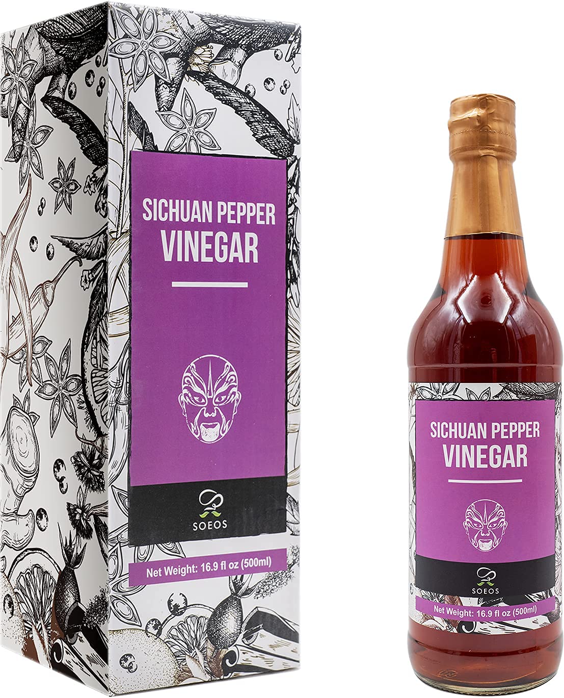 Soeos Sichuan Pepper Vinegar 16.9 fl oz (500ml), Naturally Fermented, Rice Vinegar, Vinegar with Sichuan Peppercorns, Wenzhou Vinegar, Hailuo Vinegar, Seasoned Rice Vinegar, Chinese Vinegar, brown