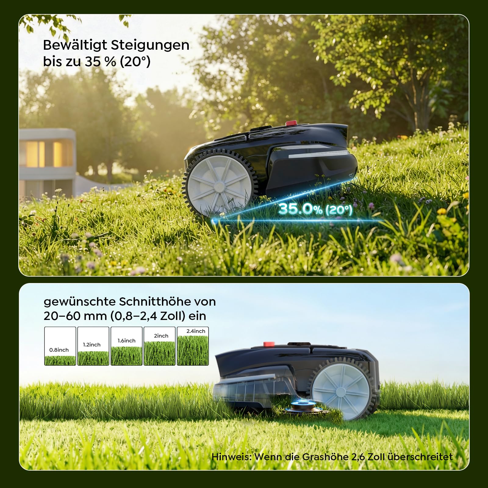 YARDCARE V3 Mähroboter ohne Begrenzungskabel, KI-Visionsnavigation, 150+ Hinderniserkennung, App-Steuerung, bürstenloser Motor, 50 dB, einstellbare Schnitthöhe, für kleine Gärten