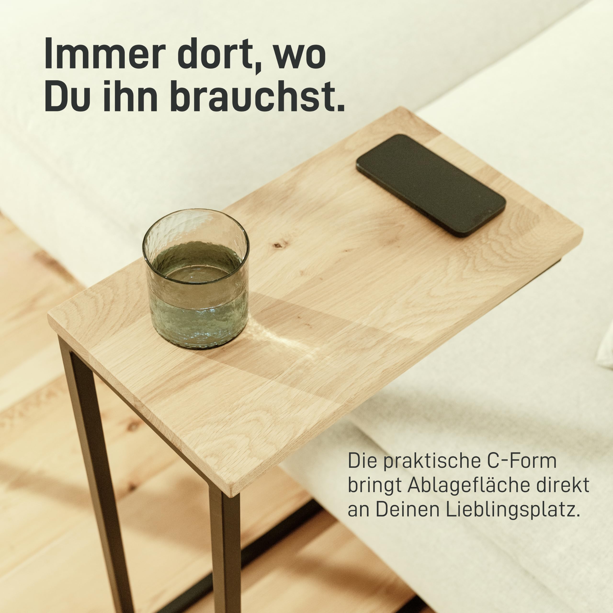Natural Goods Berlin 1x Beistelltisch C-Form | Laptoptisch aus Metall und Holz | Couchtisch Sofa Kaffeetisch Sessel | praktische Ablage | Nachttisch Unterschieben (mit Tischplatte Eiche, Industrial)