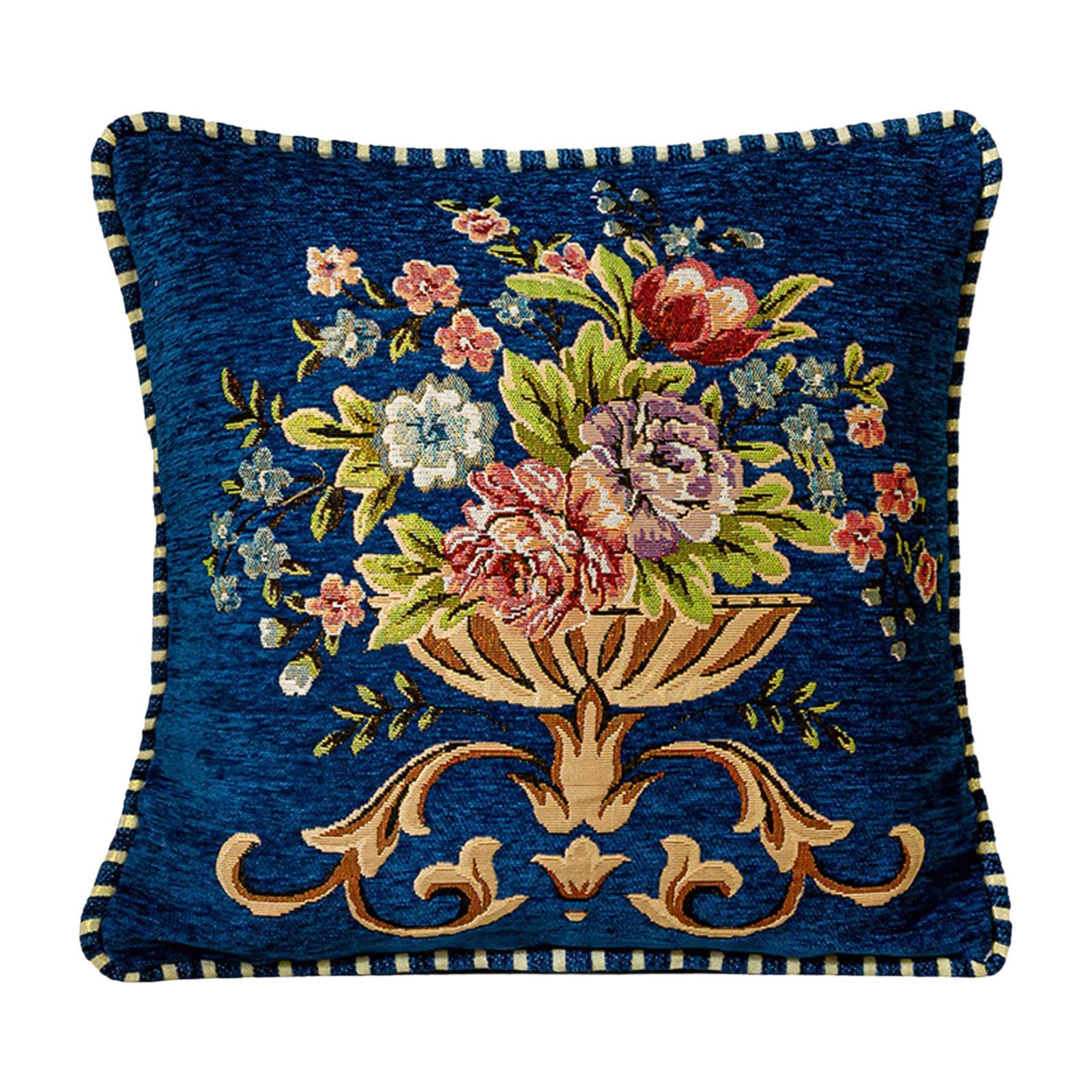 Housse de coussin jacquard bleu à motif floral brodé pour canapé et chambre