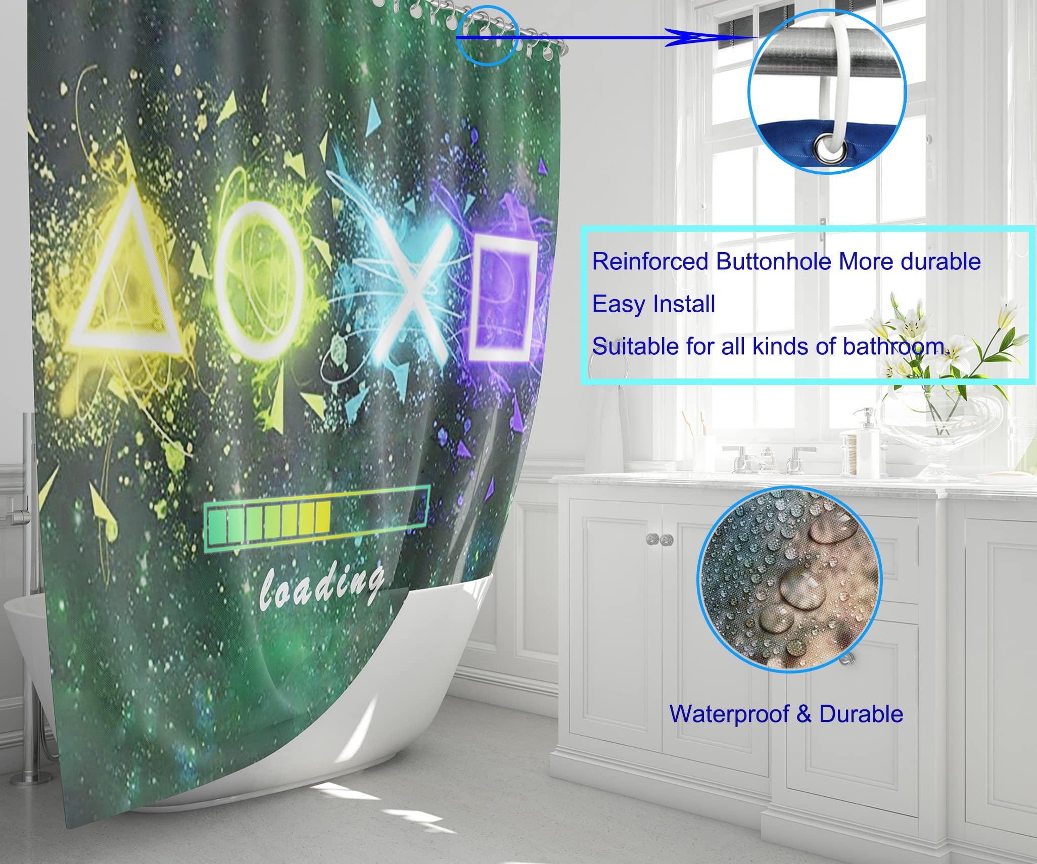 Gamer-Duschvorhang-Set Für Jungen – 4-teilig, Wasserdicht, Mit Matte & Teppich, Gaming-Design Fürs Badezimmer
