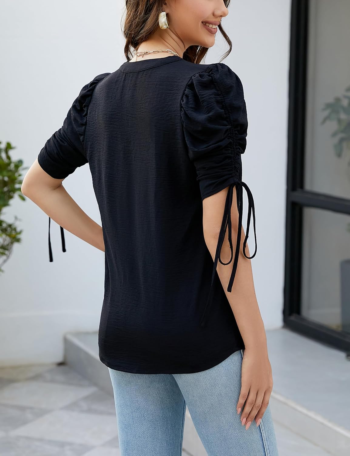 Blooming Jelly Womens Dressy Casual Blouses 3/4 Length Puff Sleeve Tops Business Casual Ladies V Neck T Shirts - Image 6