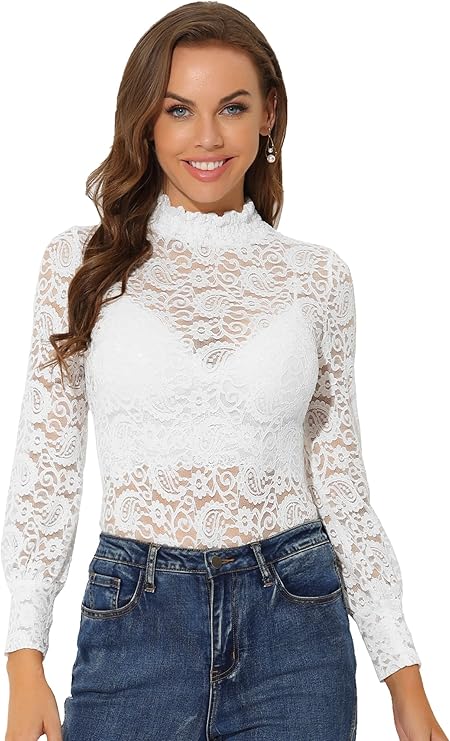 Women's Lace Top Long Sleeve Smocked Neck