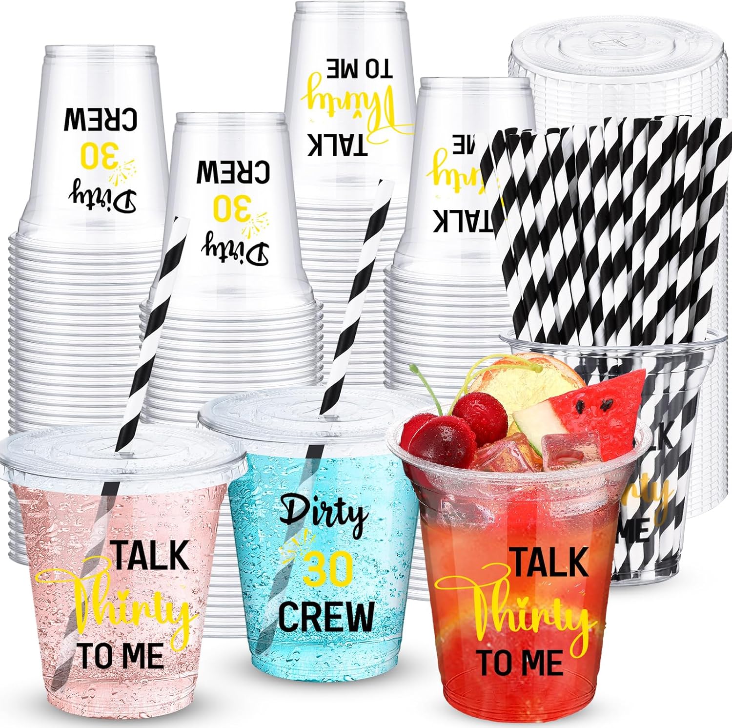 60 Pack Dirty 30 Birthday Cups 12 oz 30th Party Plastic Cups with Lids and Paper Straws Clear Disposable Cups Bulk for Women Men 30th Birthday Decorations Dirty Thirty Party Favors