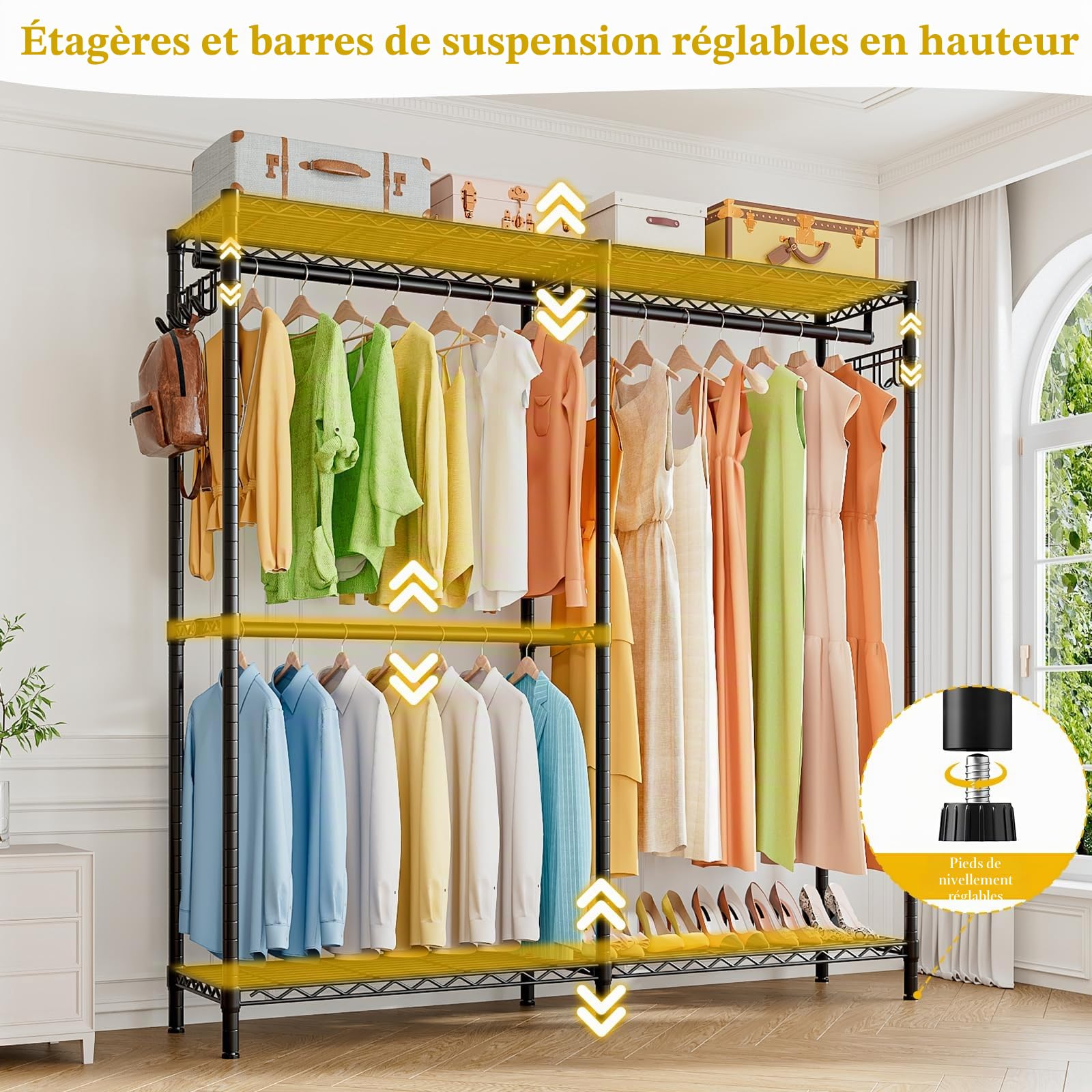 KZOBYD Porte-manteaux à lourde capacité, tringle en métal, garde-robe avec compartiments suspendus, penderie ouverte avec cintres et étagères réglables en hauteur, 145 x 40 x 193 cm