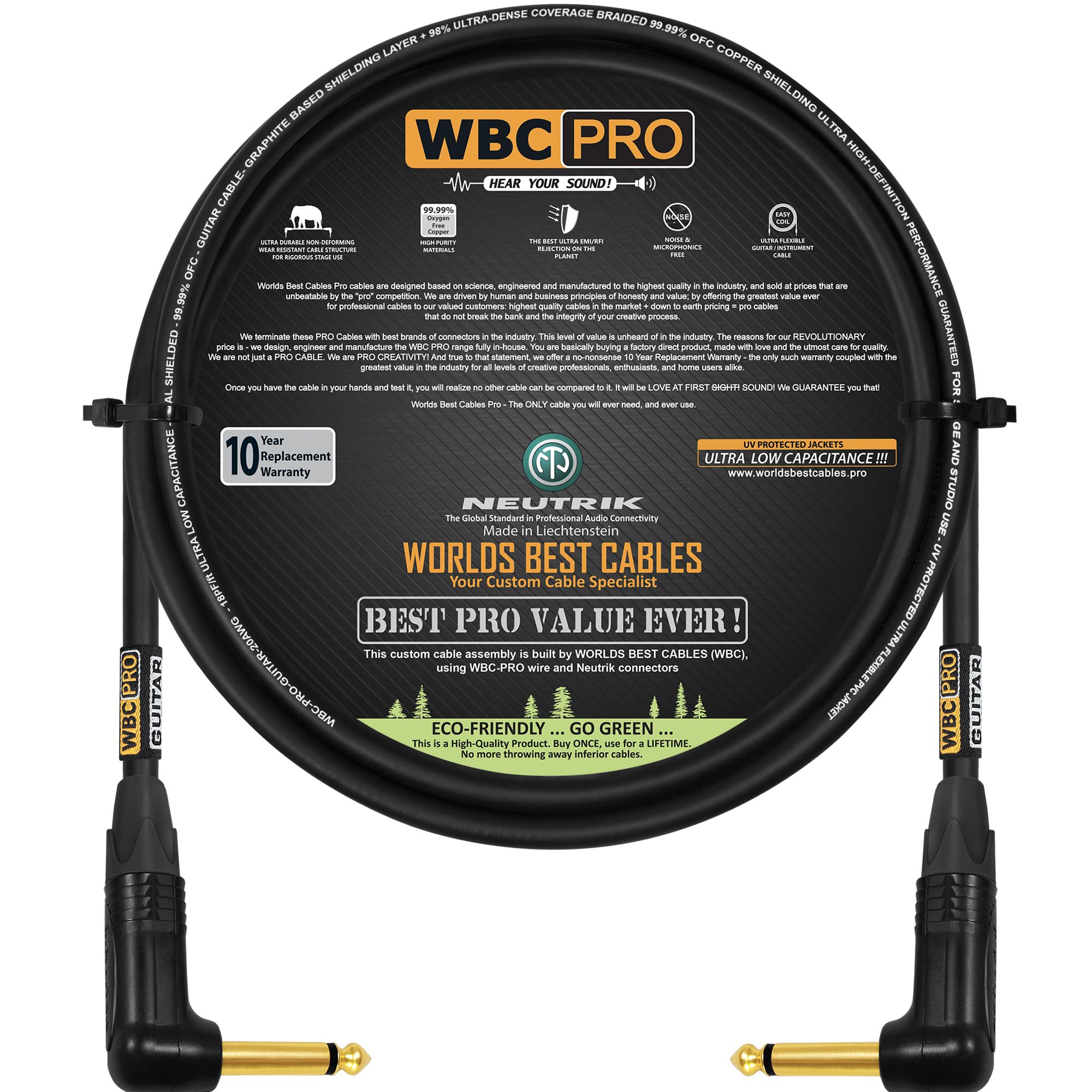 WBC-PRO-Guitarra de 6 pies, 20 AWG, tapa baja (18 pF/pie), grado profesional, a base de grafito, cable blindado doble para guitarra, bajo, instrumento con conectores Neutrik en ángulo a ángulo de ¼