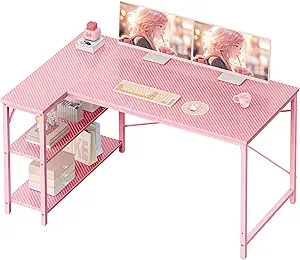 Huuger L Shaped Desk, 47 Inches Computer Desk with Reversible Storage Shelves, Gaming Desk, Corner Desk Home Office Desks, Writing Study Desk with Metal Frame, Pink