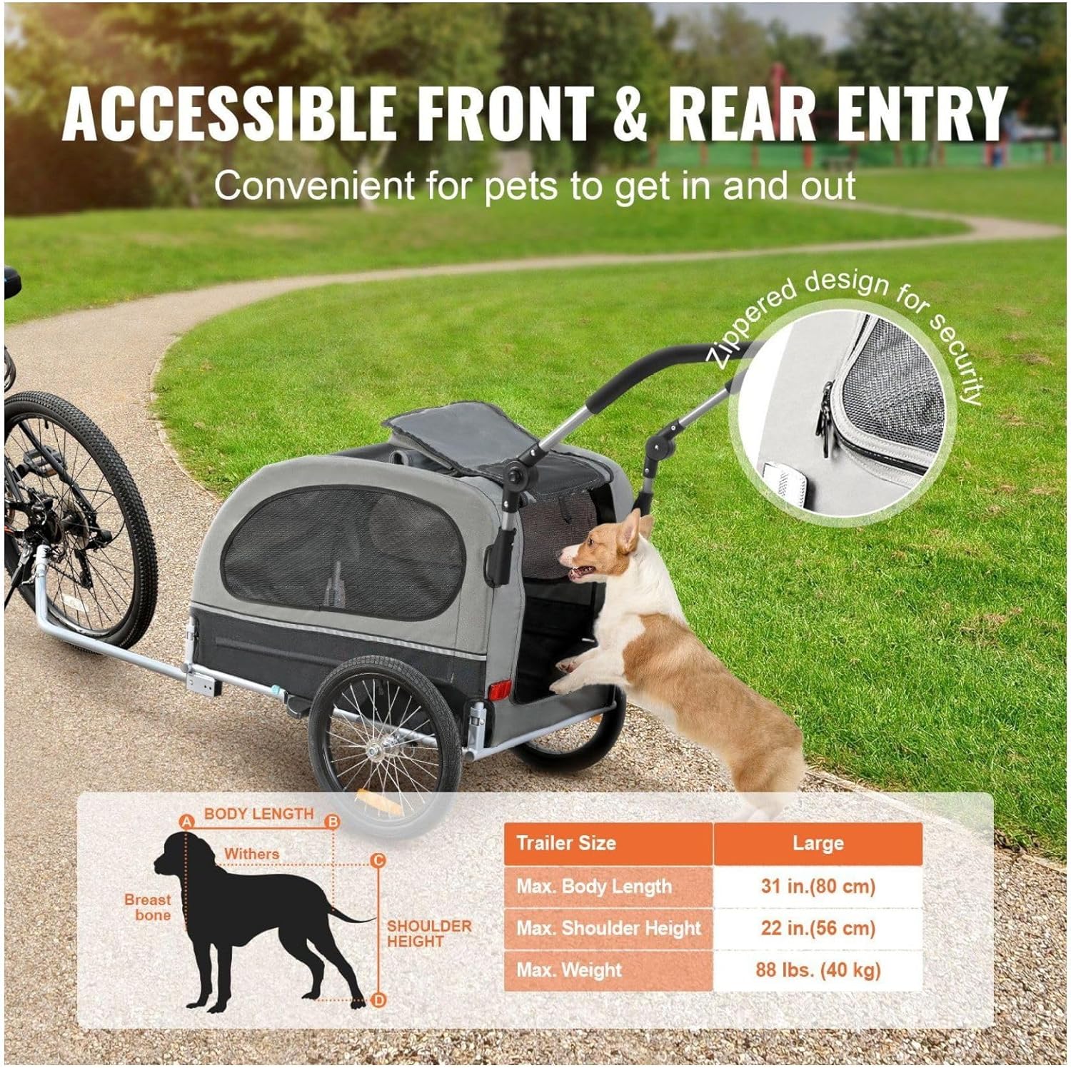Dog Bike Trailer, 88 lbs Capacity, 2-in-1 Pet Stroller, Bicycle Carrier, Folding Cart, Quick Release Wheels, Universal Coupler, Reflectors, Flag - Black/Gray