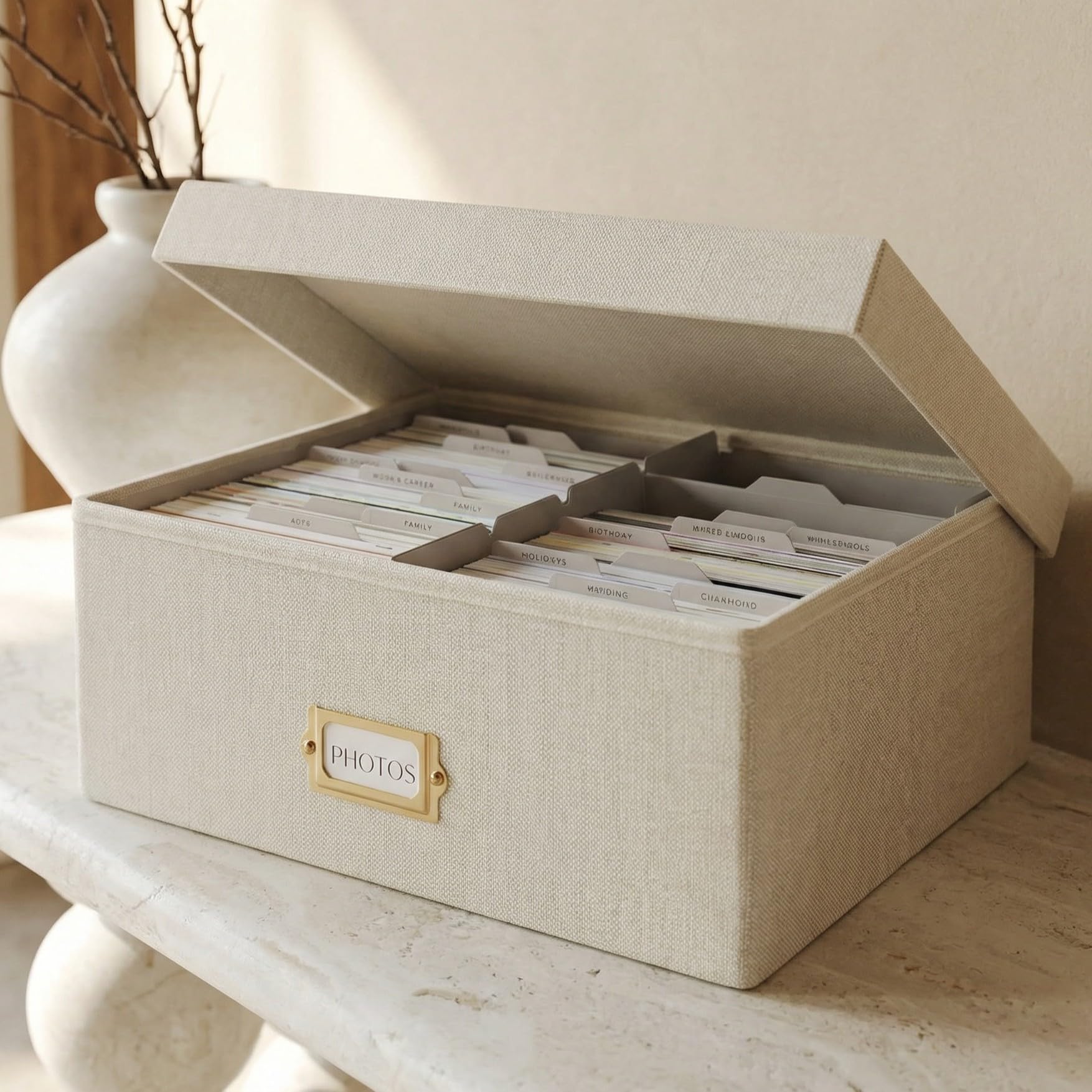 Modern Decorative Photo Storage Box - Collapsible Linen Photo Organizer with Dividers, Perfect for 4x6 Pictures - Portable Scrapbook Storage Containers with Lid, 6.3x4.4x2.5 inches