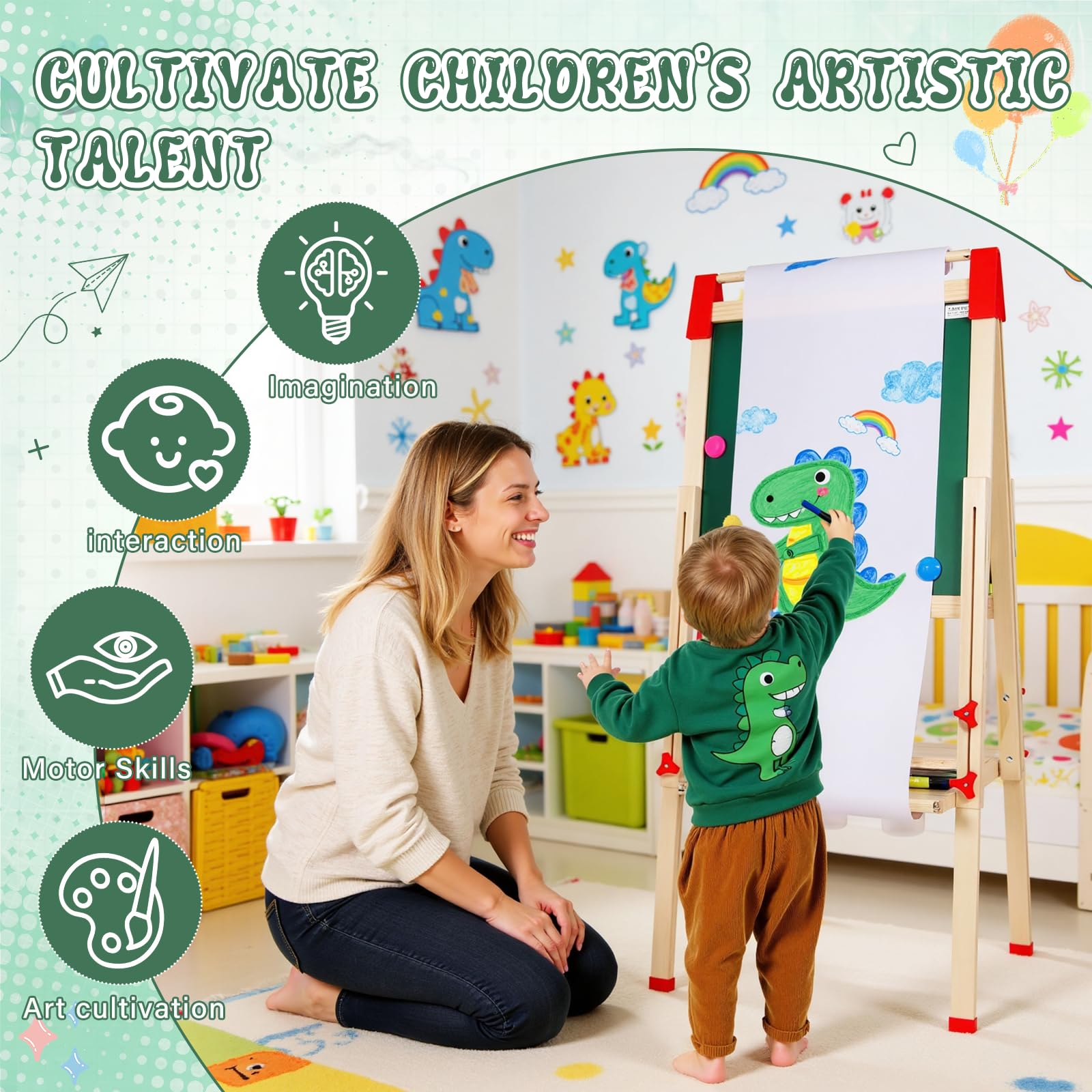 Set de Pizarra Infantil Doble Cara: Pizarra Blanca Infantil con Negro Magnético - Caballete Infantil de Madera Ajustable en Altura - Ideal para Niñas y Niños de 3 a 12 Años (White and Green)