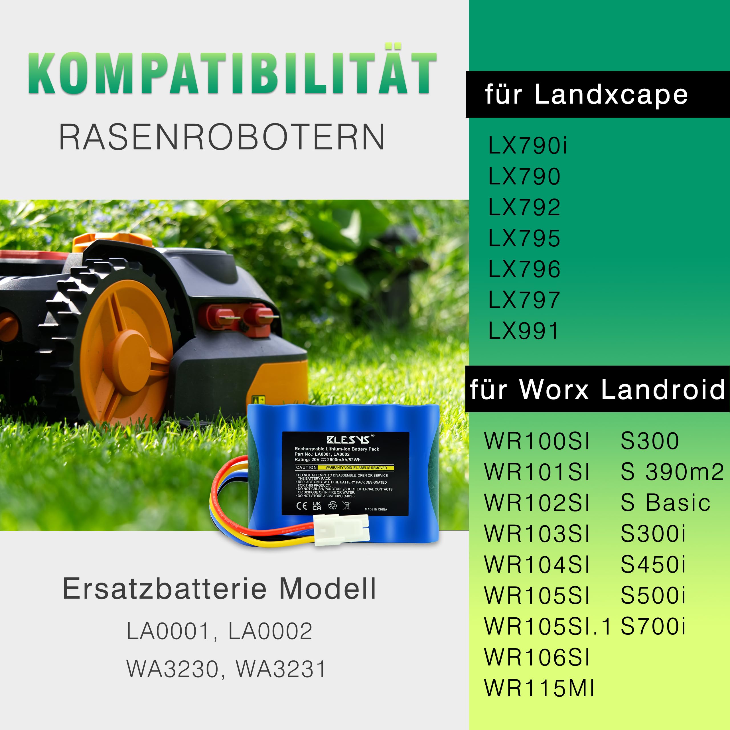 BLESYS Akku für Landxcape Mähroboter LX790i LX790 LX792 LX795 LX796 LX797 LX835 LX991 Ferrex 800 m2 2021, Ersatzakku Modell LA0001 LA0002 WA3230 WA3231[20V, 2600mAh]