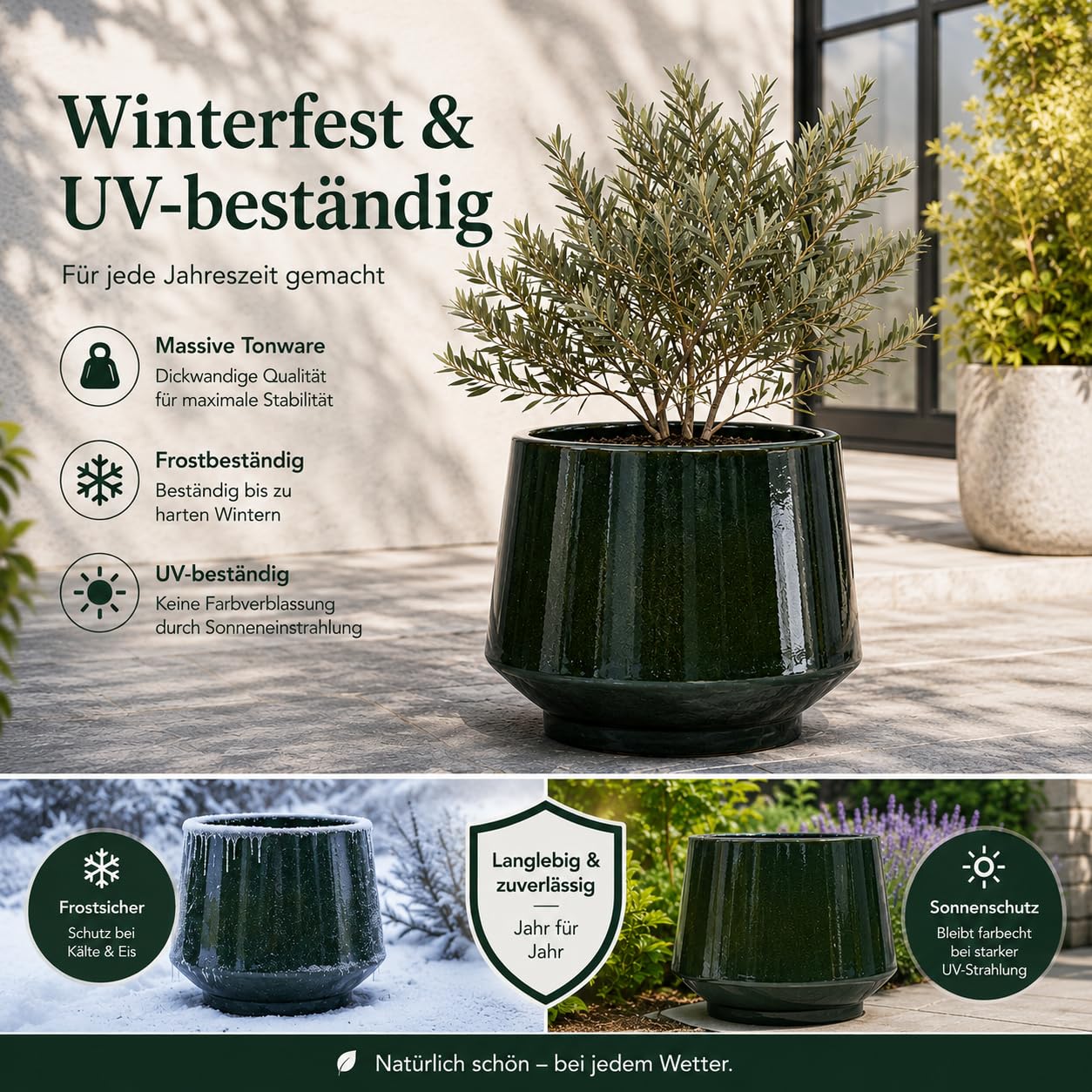 3er Set Keramik Blumentöpfe Groß, 38.1/28/22.9 cm Durchmesser Übertöpfe für Pflanzen, Große Blumentopf mit Drainagelöchern für Innen und Außen, Terrasse, Garten und Poolbereich, Dunkelgrün Glänzend