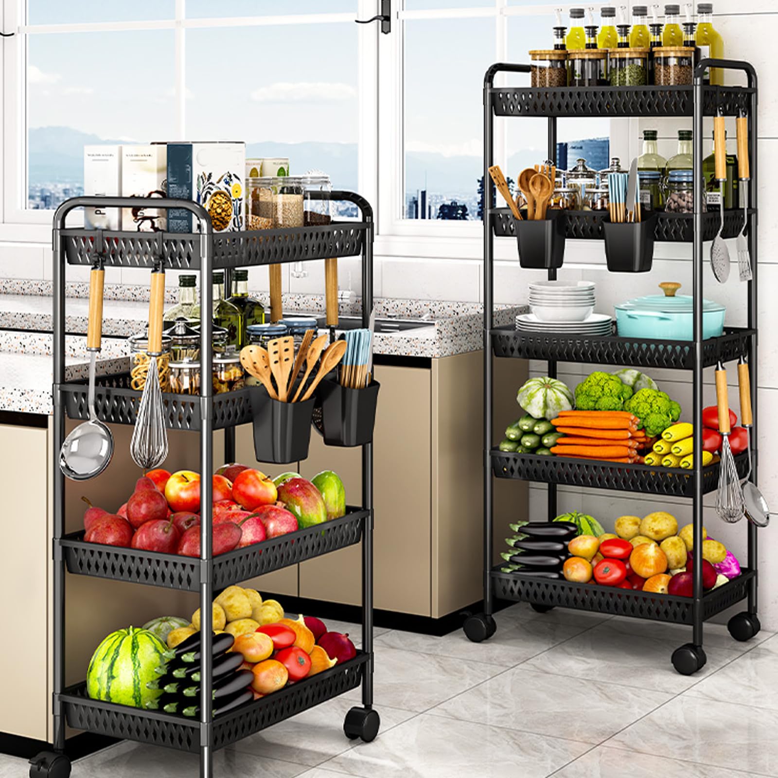 Carrito de Almacenamiento rodante de plástico de 5 Niveles - Estantería móvil para organizar Cocina, baño y lavadero - Color Blanco, diseño Compacto, fácil Movilidad