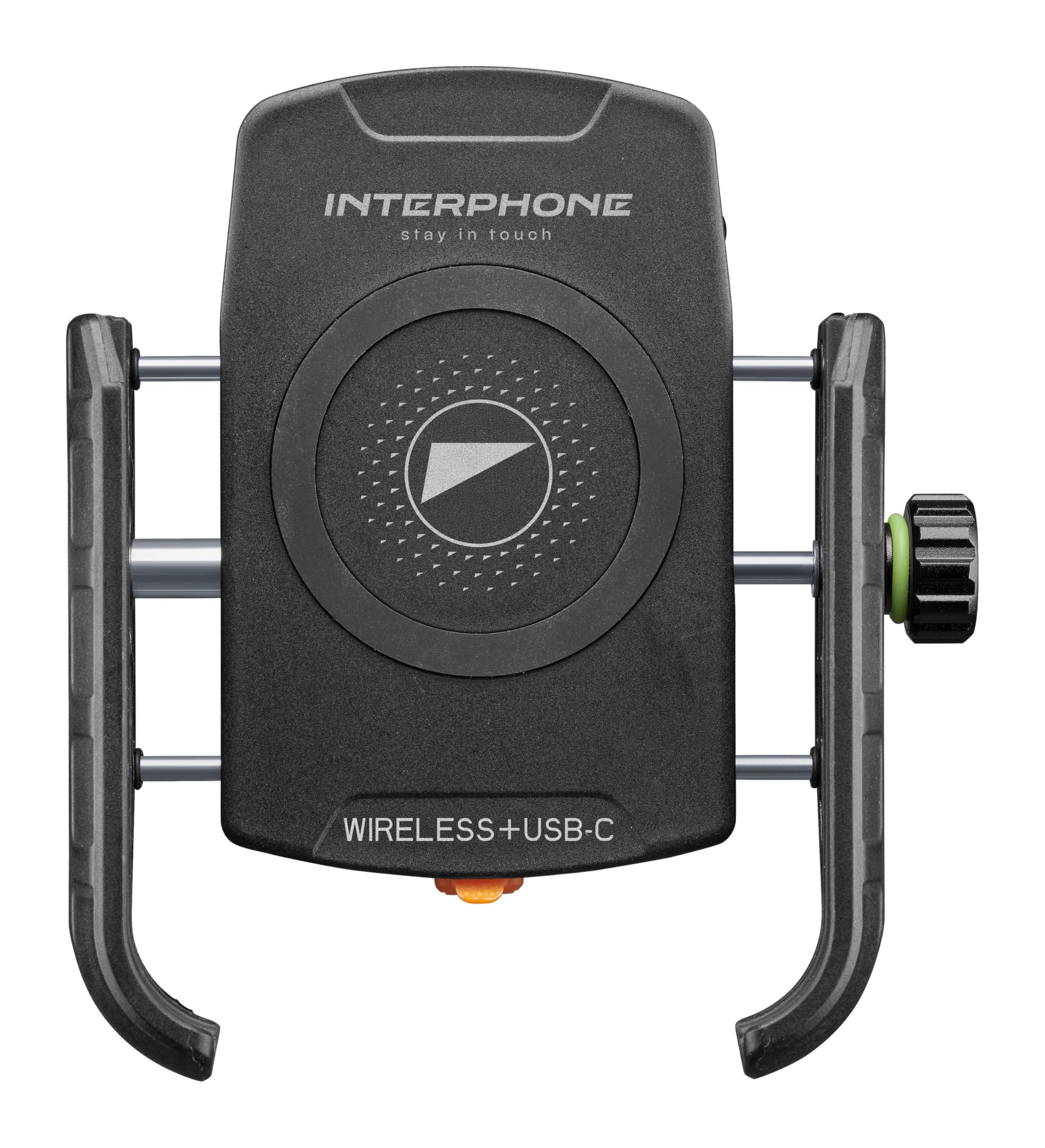 INTERPHONE Crab supporto Smartphone con Ricarica Wireless e USB‑C, da Moto con Ricarica Wireless 15W Qi + USB-C Quick Charge, universale per manubrio 12-32 mm, resistente a vibrazioni e intemperie
