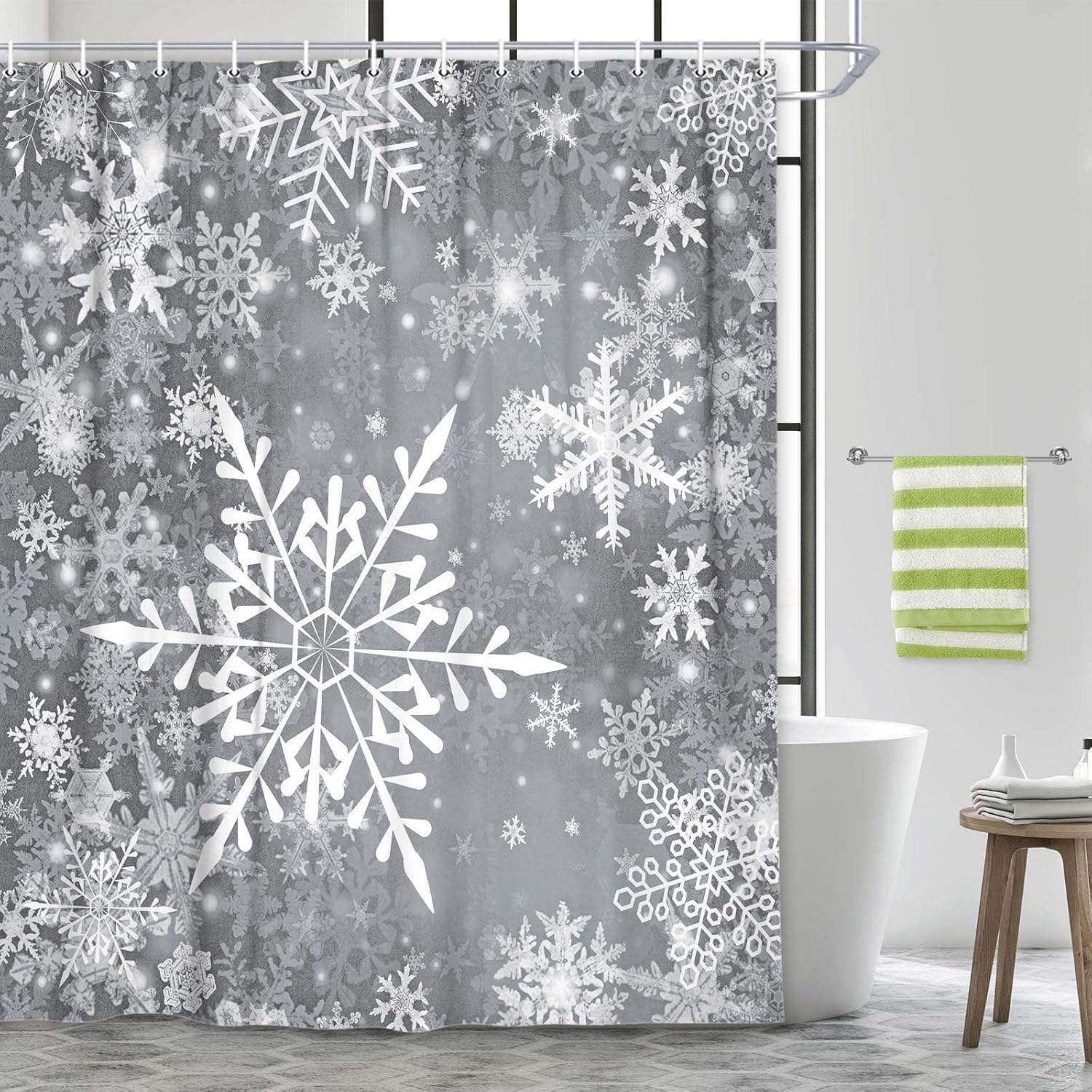 DYNH Christmas Snowflake Shower Curtain Set, Winter Grey Shower Curtains for Bathroom, 72X84IN
