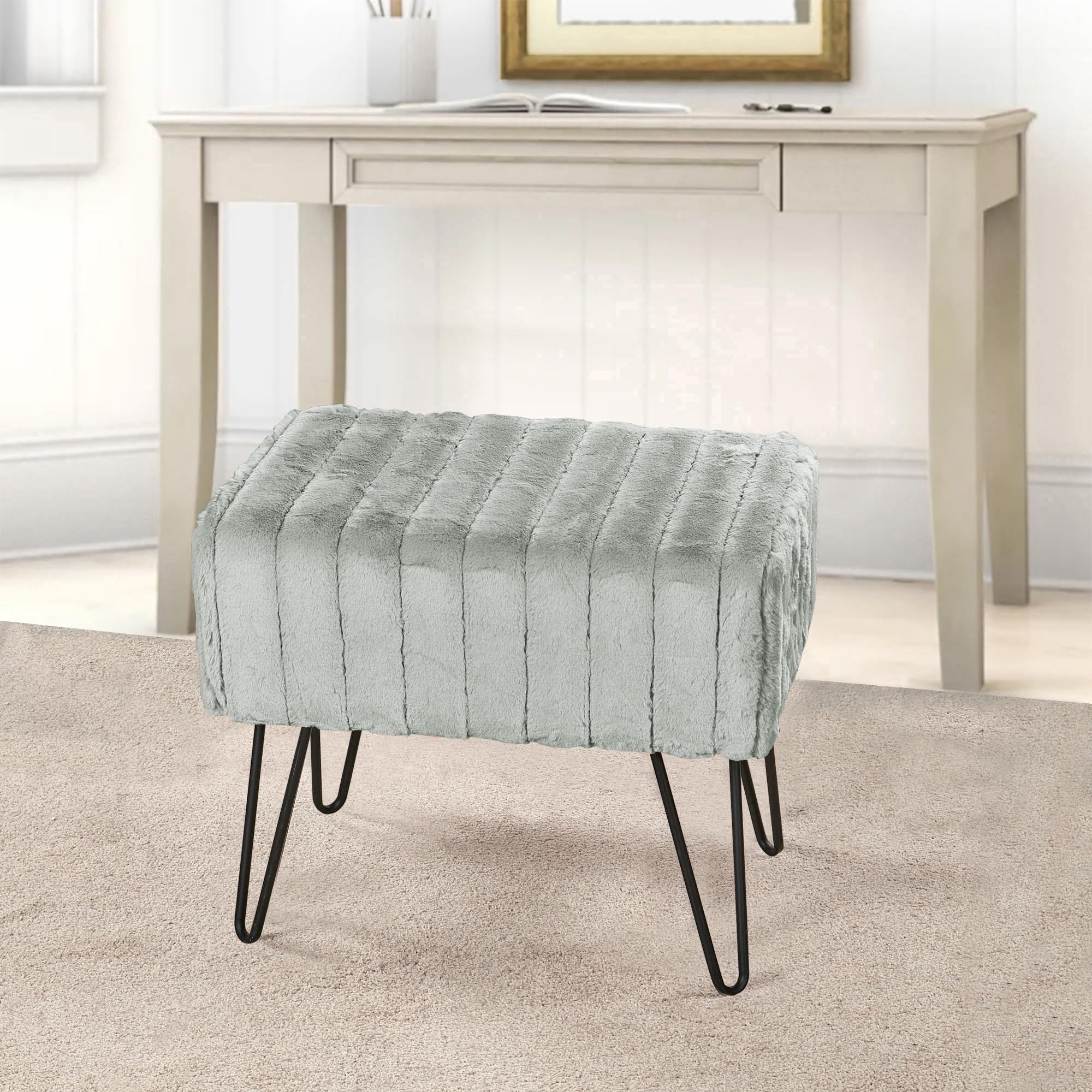Warmaxx Light Gray Mink Faux Fur Ottoman 19.5"x12.5"x17"H Entryway Bench Comfy Furry Makeup Stools with Metal Legs Foot Rest Sturdy Foot Stool Bedroom