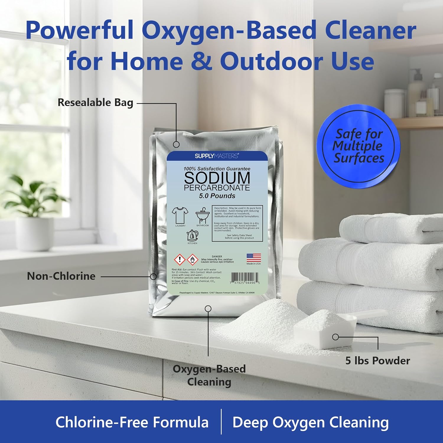 Sodium Percarbonate Powder 5 lbs – Non-Chlorine Oxygen Bleach Alternative & Stain Remover – Multi-Purpose Cleaner for Laundry, Carpets, Tile, Decks, Kitchens & Outdoor Surfaces