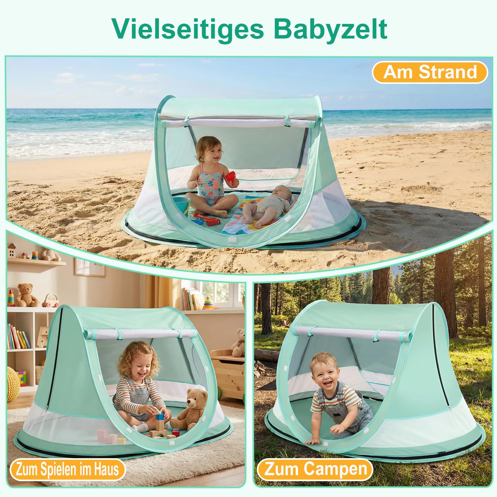 Tente de plage pour bébé - Protection UV 50 - Tente de plage pop-up - Protection solaire pour la plage - Moustiquaire à 360° - Avec sac de transport pour les voyages et le camping - Convient