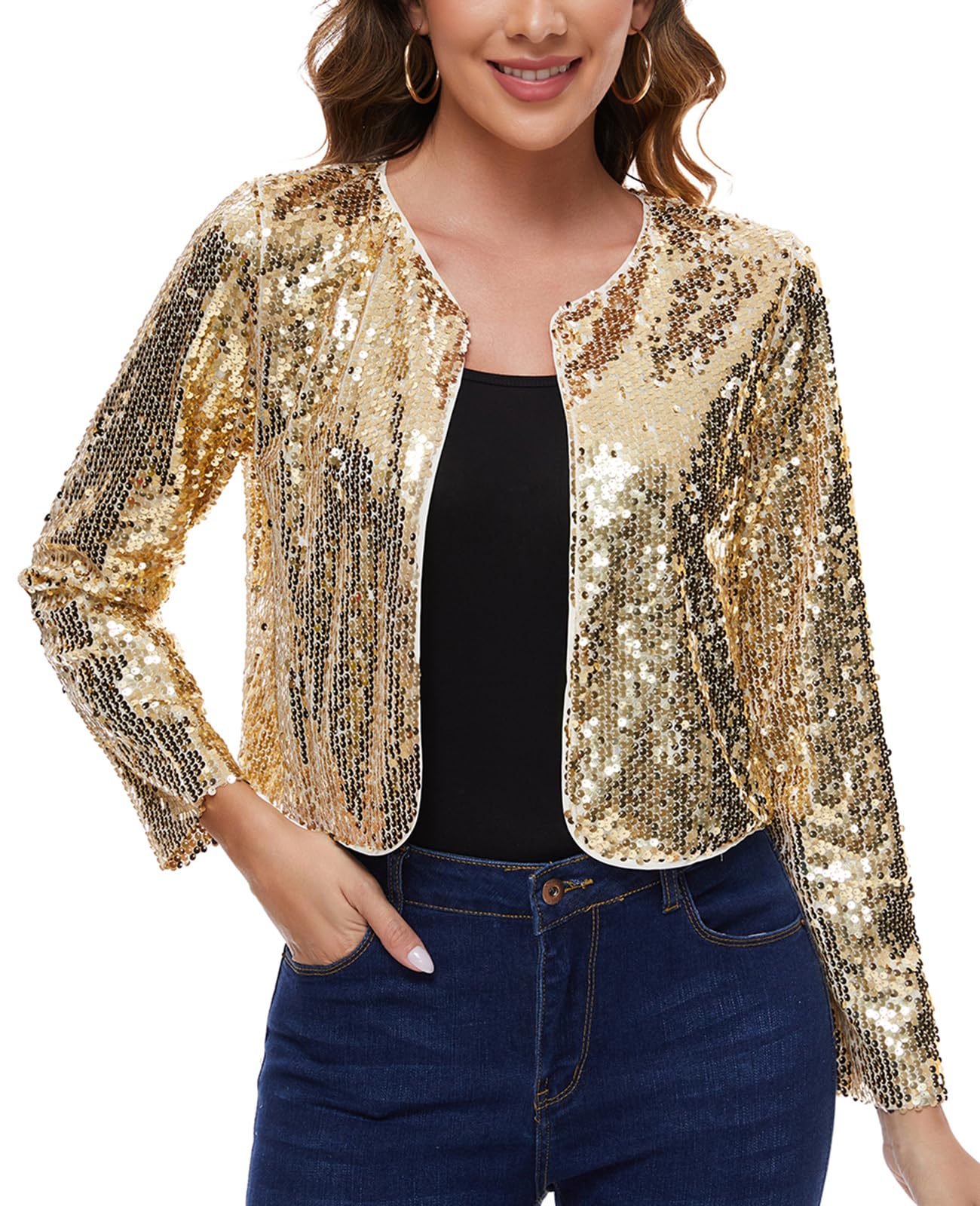 MINTLIMIT Womens Sequin Jacket Long Sleeve Open Front Sparkly Shrugs Glitter Cropped Bolero Cardigans