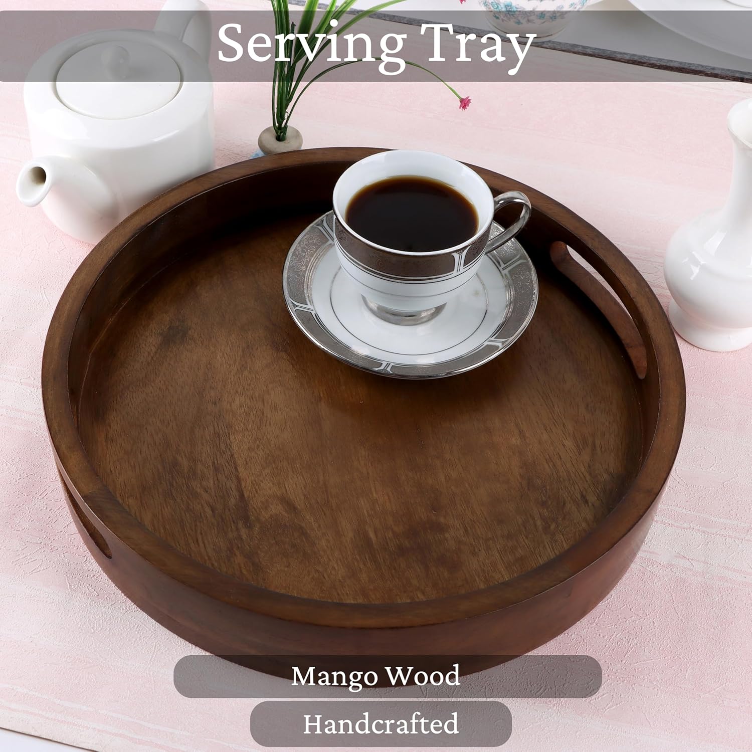 Rustic Wooden Serving Tray - 12" Round Handcrafted Ottoman Tray - Farmhouse & Vintage Centerpiece, Multi-Functional Food & Beverage Tray, Durable Décor, Indoor/Outdoor Platter (Walnut) - CLEENTABLE