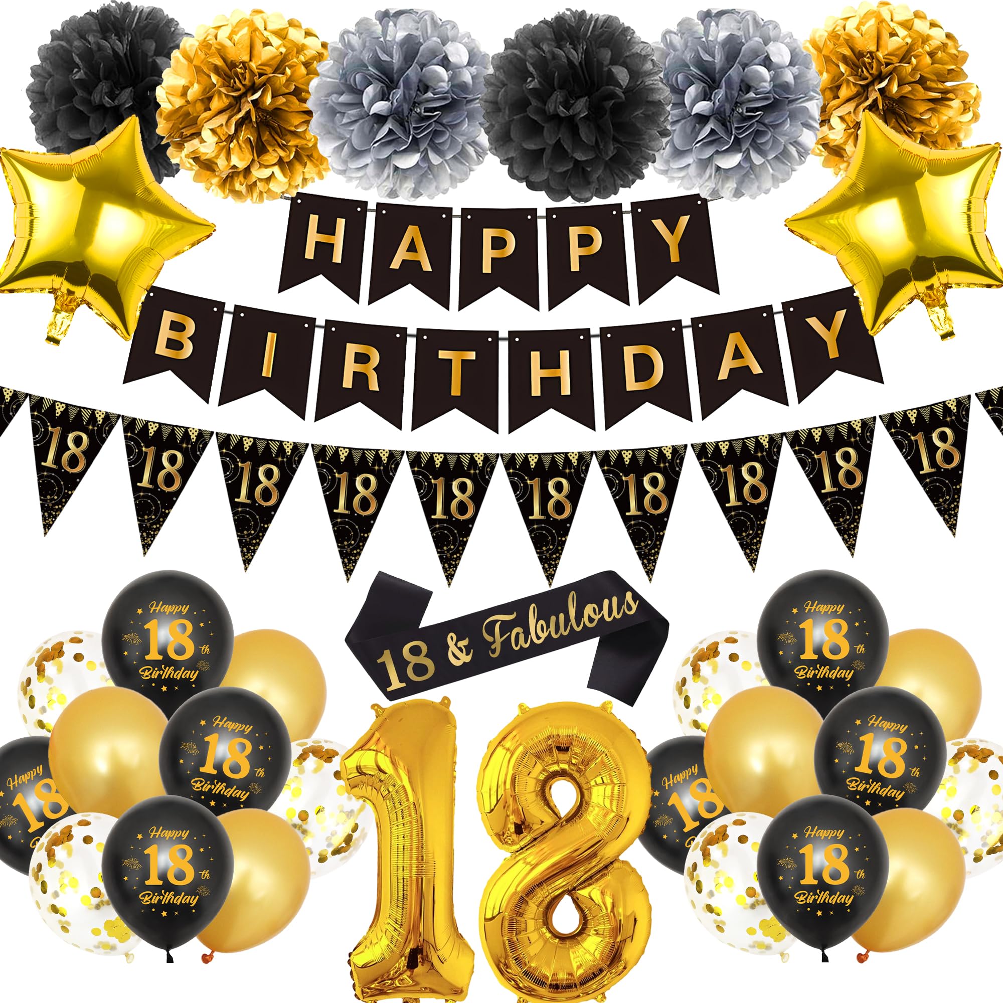 18th Birthday Decorations Boys Girls - 33 Pcs Black Gold Happy Birthday Banner Triangular Flag Pom Poms Sash Star Number Foil Latex Balloons Set for 18 Year Old Birthday Party Decoration Supplies