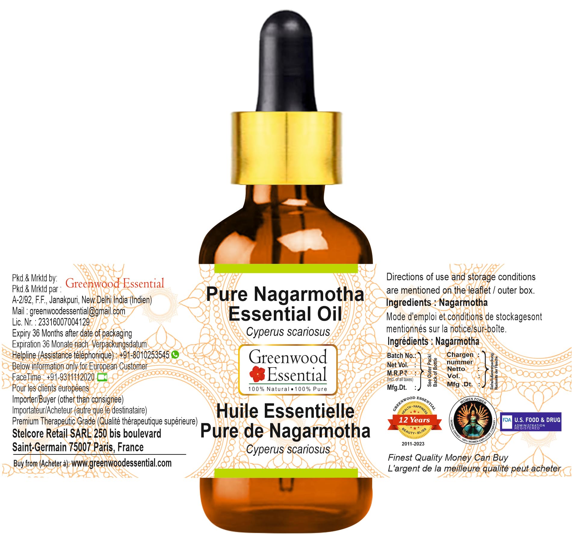 Greenwood Essential Naturreine Ätherisches Nagarmotha-Öl (Cyperus scariosus) mit Glas Tropfer Dampfdestilliert 15ml (0.50 oz)