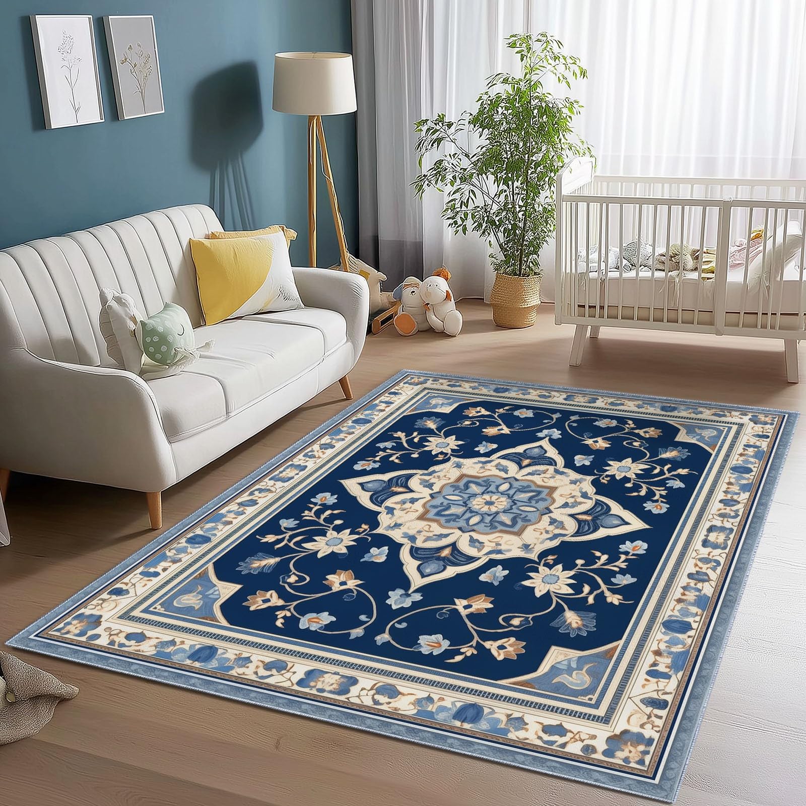 Tapis de salon oriental floral bleu crème motif médiéval