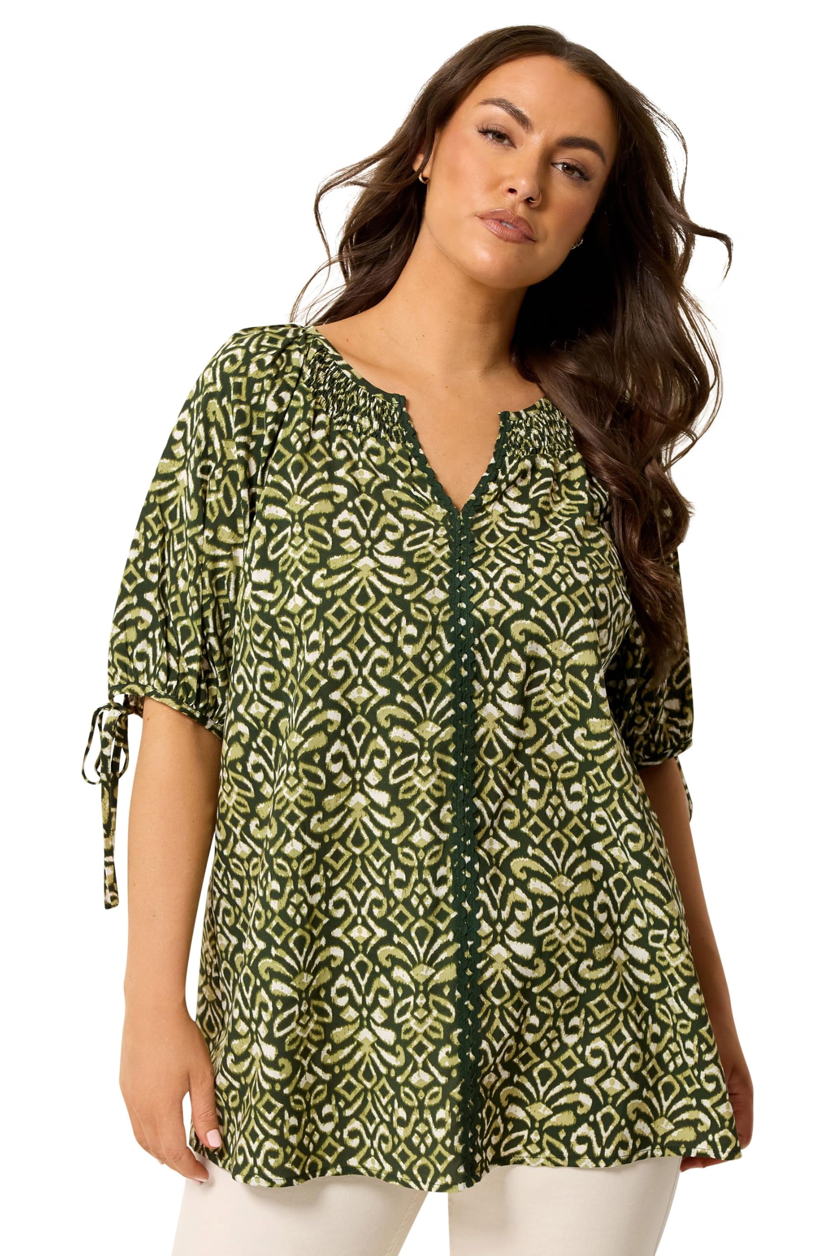 Yours Women's Ikat Print Blouse in Dark Green | Size: 22-24