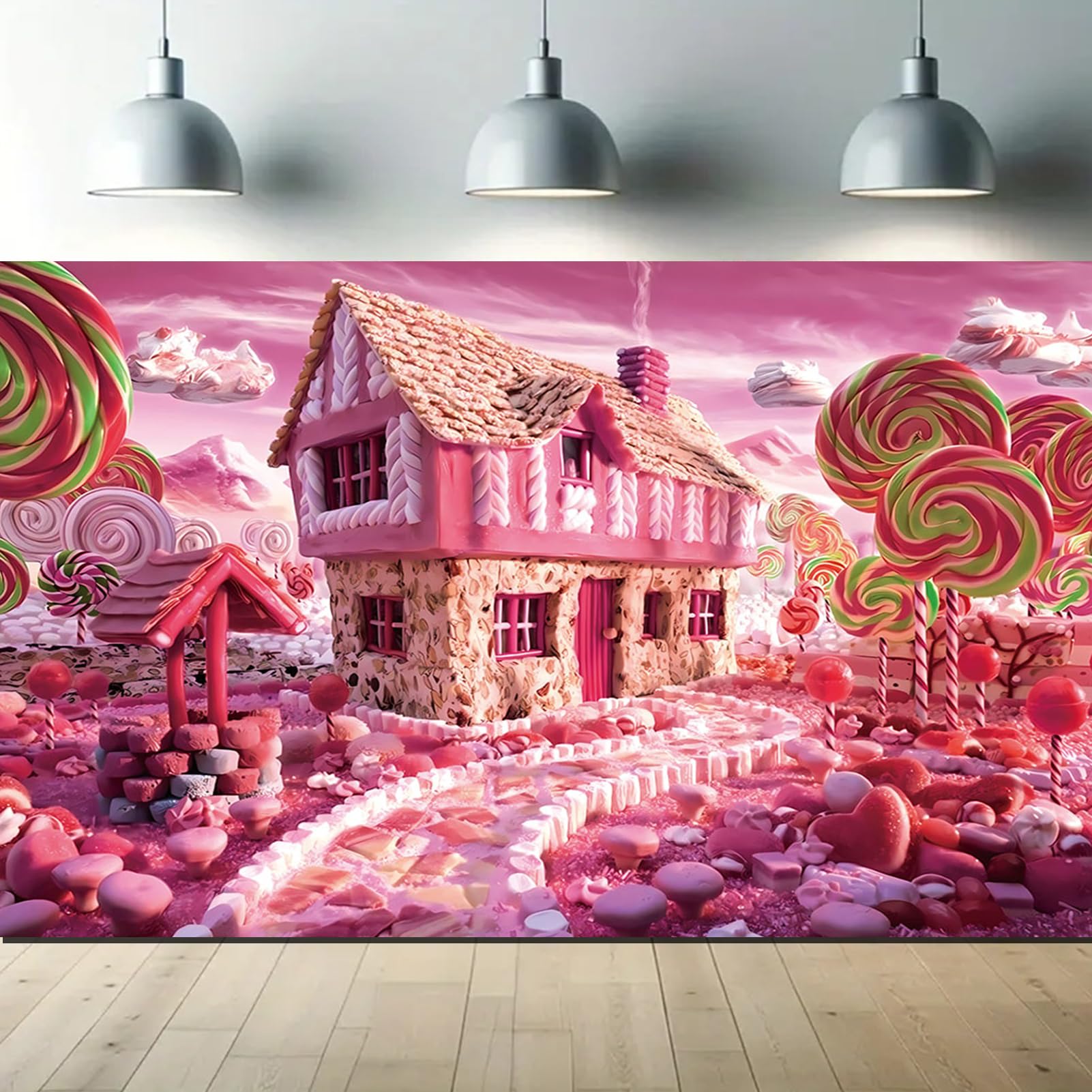 FanghuiPink Candy House Themed Photo Backdrop 7*5ft Nougat Cotton Candy Children Girl Birthday Party Baby Shower Background for Photoshoot Tianmi Polyester Candy World Party Decor Photo Studio Props