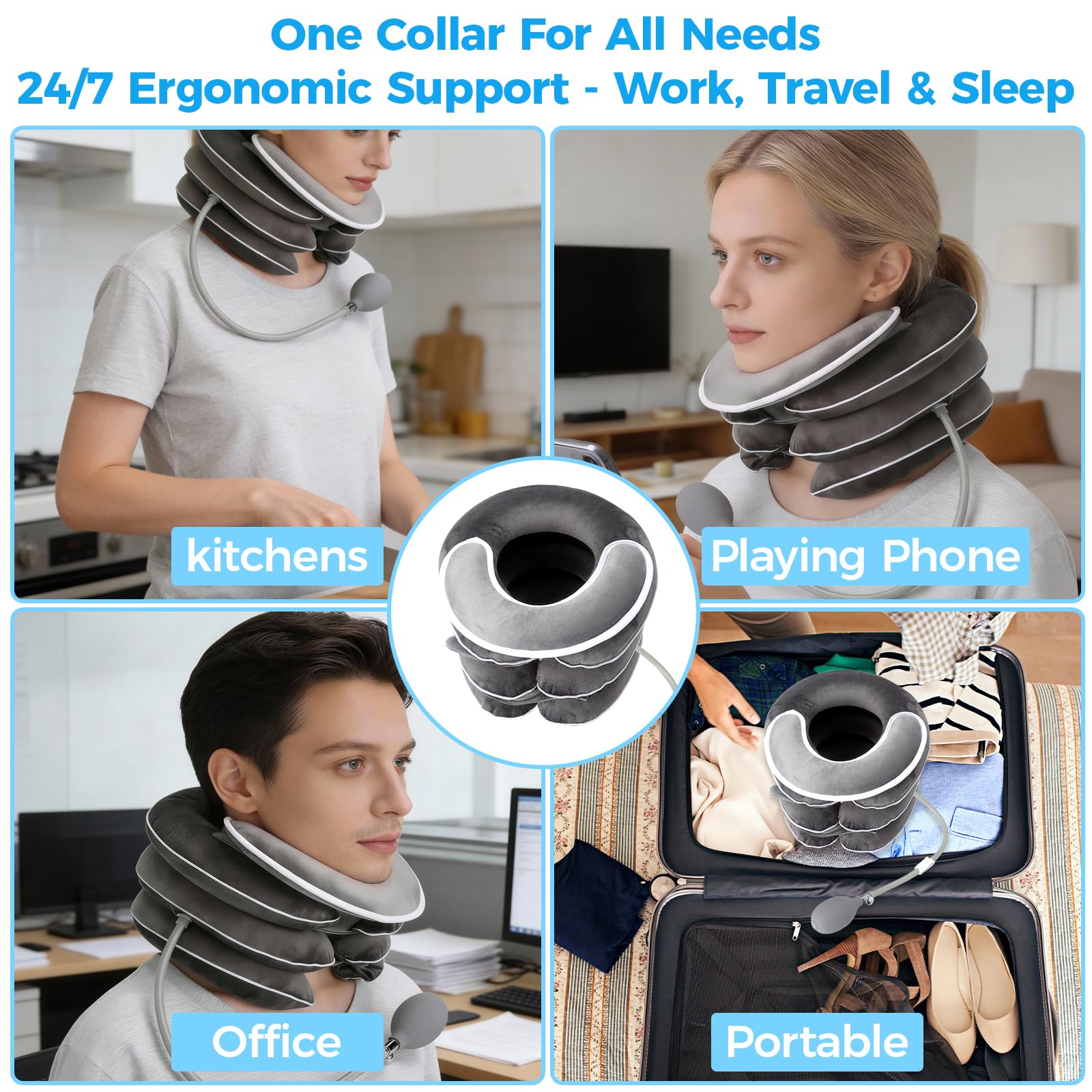 Coussin de nuque gonflable pour traction cervicale avec design d'étirement à 3 couches et design de soutien du menton, Coussin de nuque ergonomique portable avec pompe à air