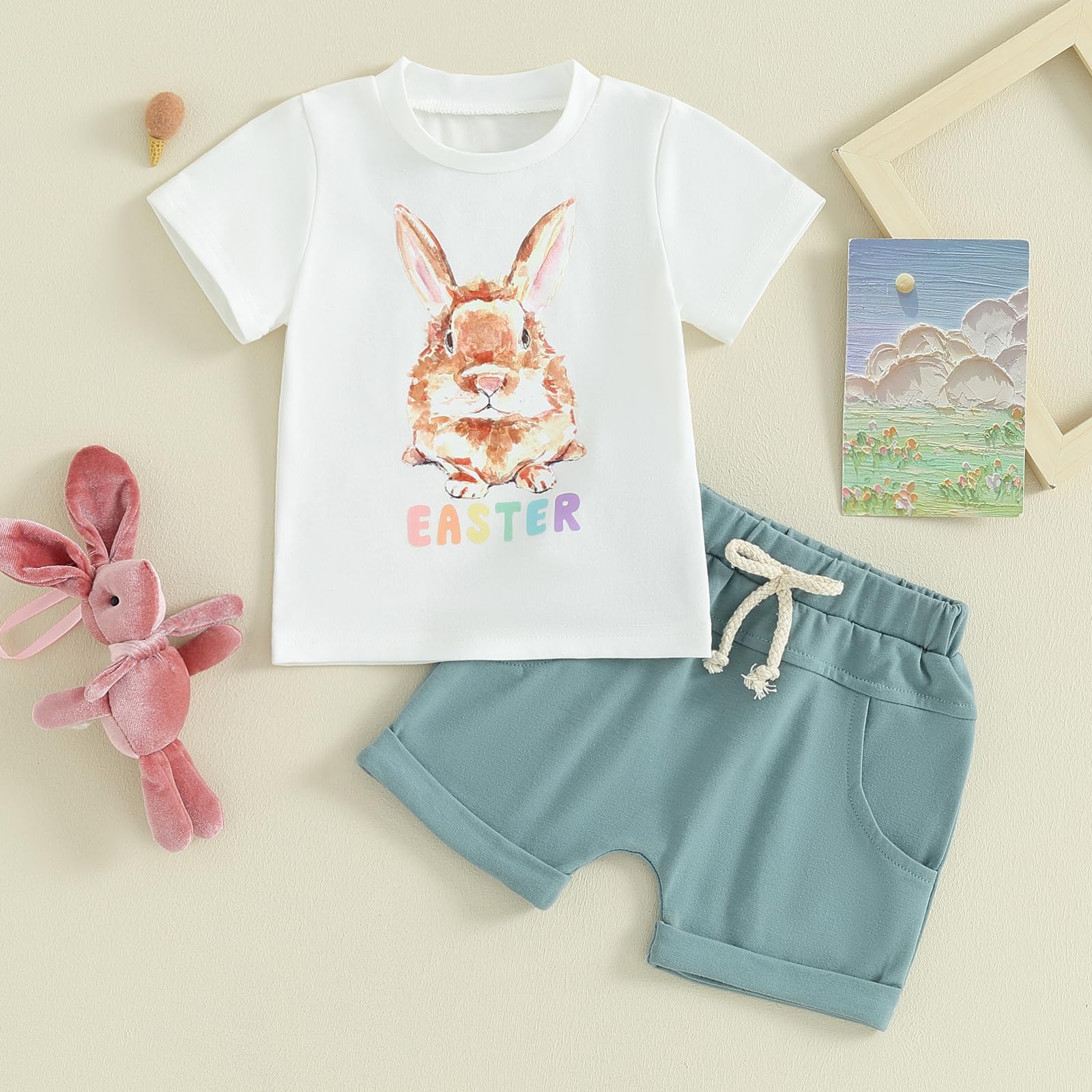 Karesoull Baby Boy Easter Outfits Summer Toddler Bunny Tops and Shorts Infant Boy Easter Clothes Set 2Pcs (White Easter Bunny, 2-3 Years)