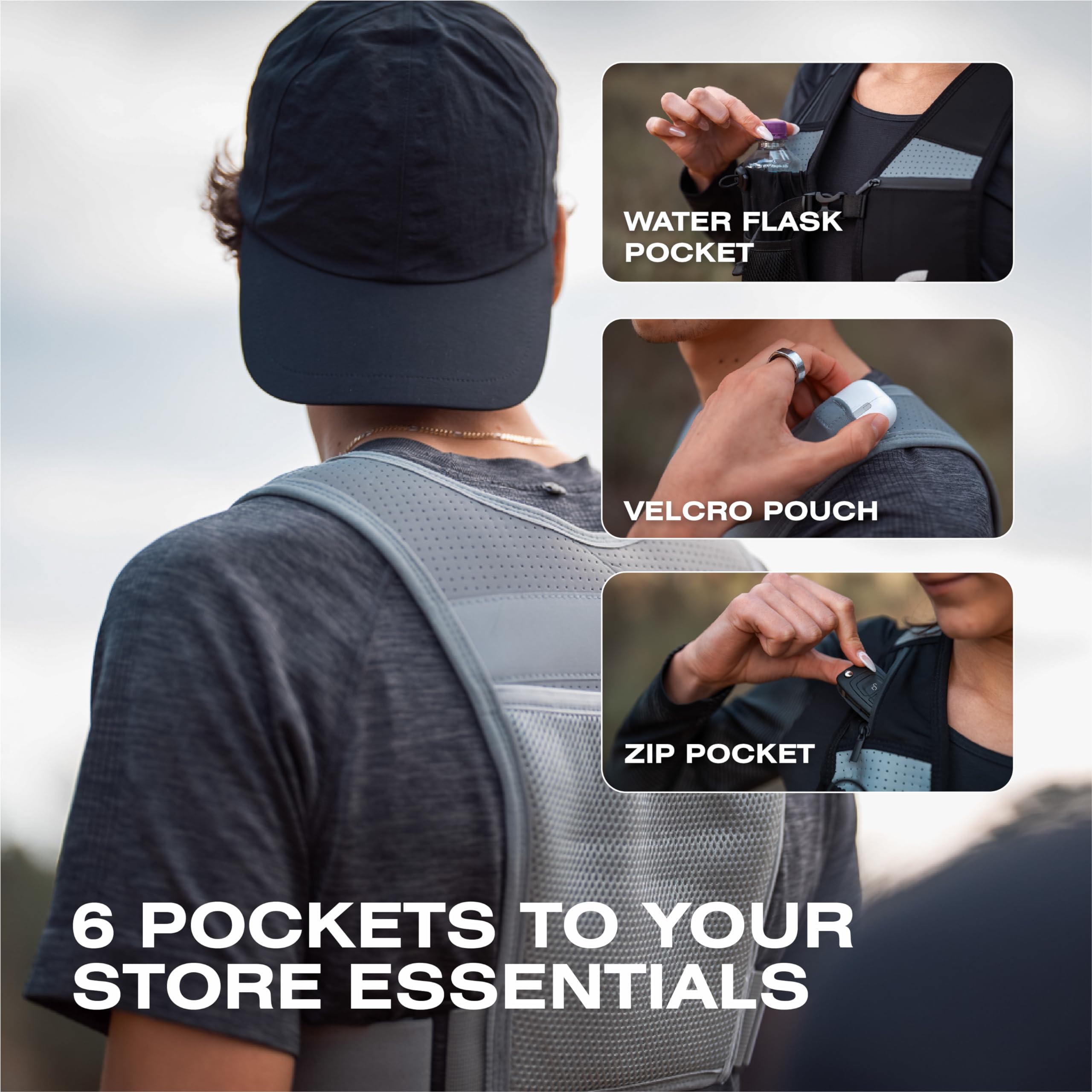 Gilet de Course à Pied pour téléphone | Gilet d'hydratation réfléchissant | Taille réglable | Porte-Bouteille d'eau | Léger | 6 Poches pour Accessoires (Gris, XXS)