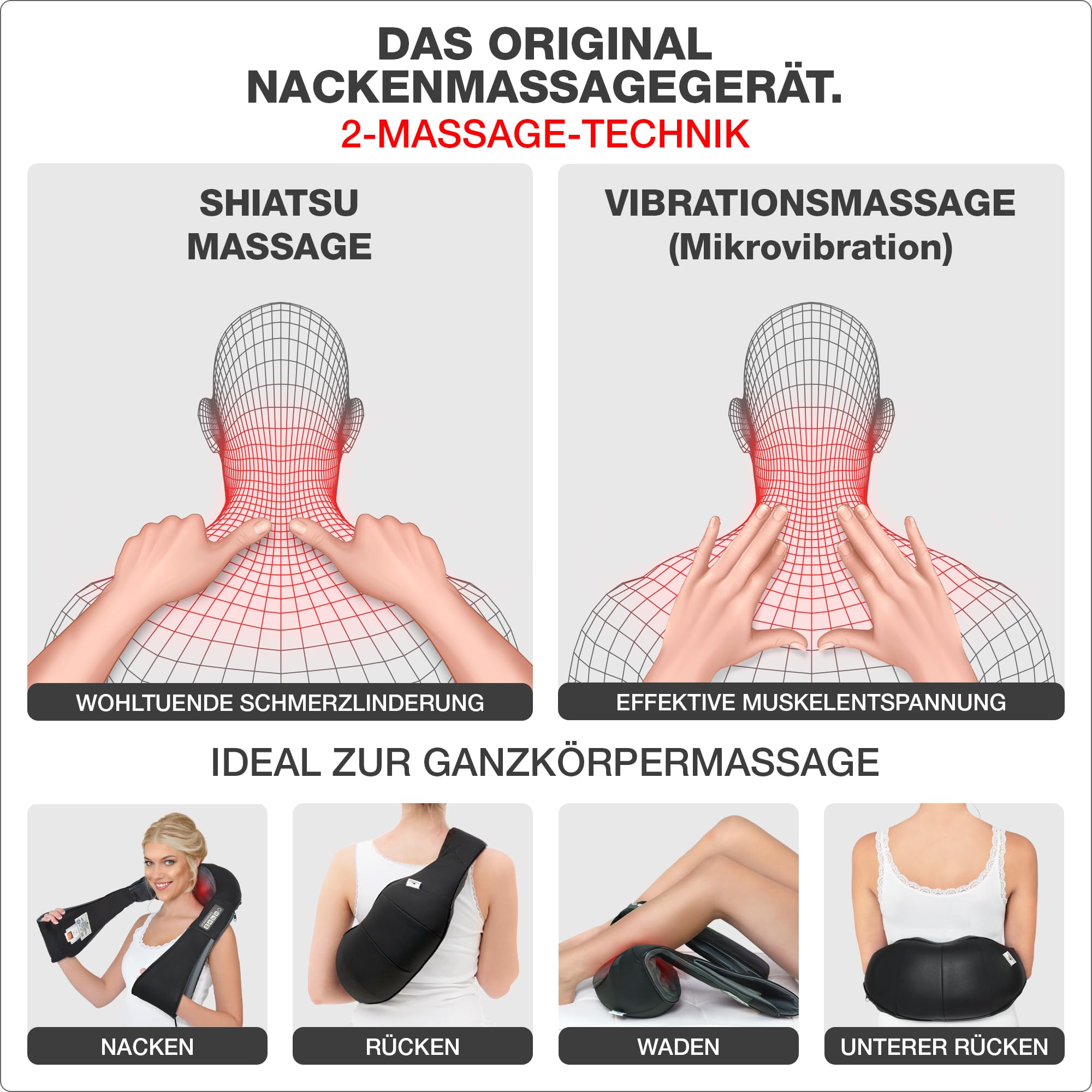 DONNERBERG® Das Original Nackenmassagegerät mit Wärme 7 Jahre Kraftmotor Garantie Shiatsu Massagegerät für Nacken Schulter Massage Vibration TÜV geprüft