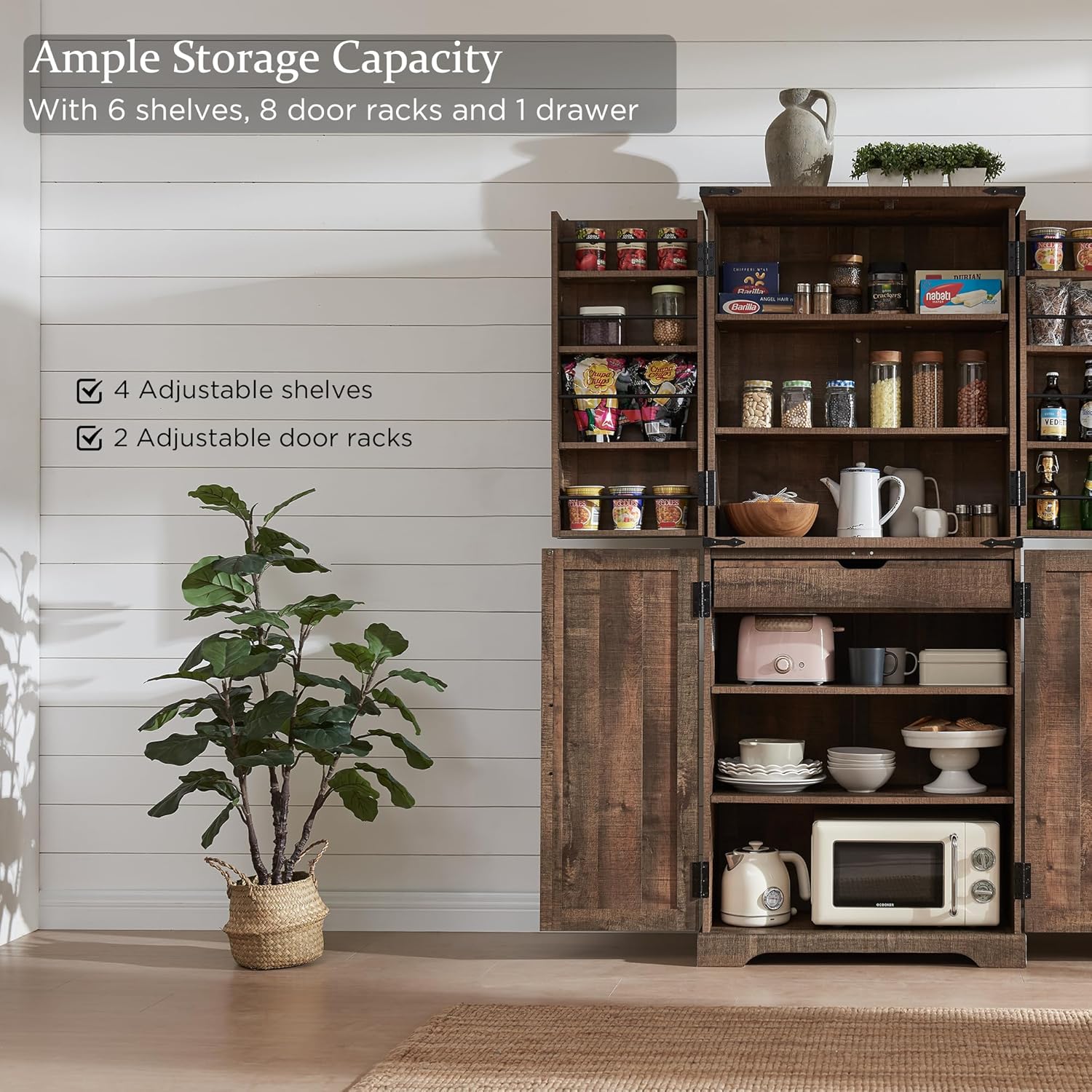 Cabinet open showing ample storage capacity with shelves and door racks