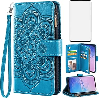 Asuwish Compatible with Samsung Galaxy S10 Wallet Case and Tempered Glass Screen Protector Flip Credit Card Holder Cell Accessories Phone Cover for Glaxay S 10 Edge Gaxaly 10S GS10 X10 Women Men Blue