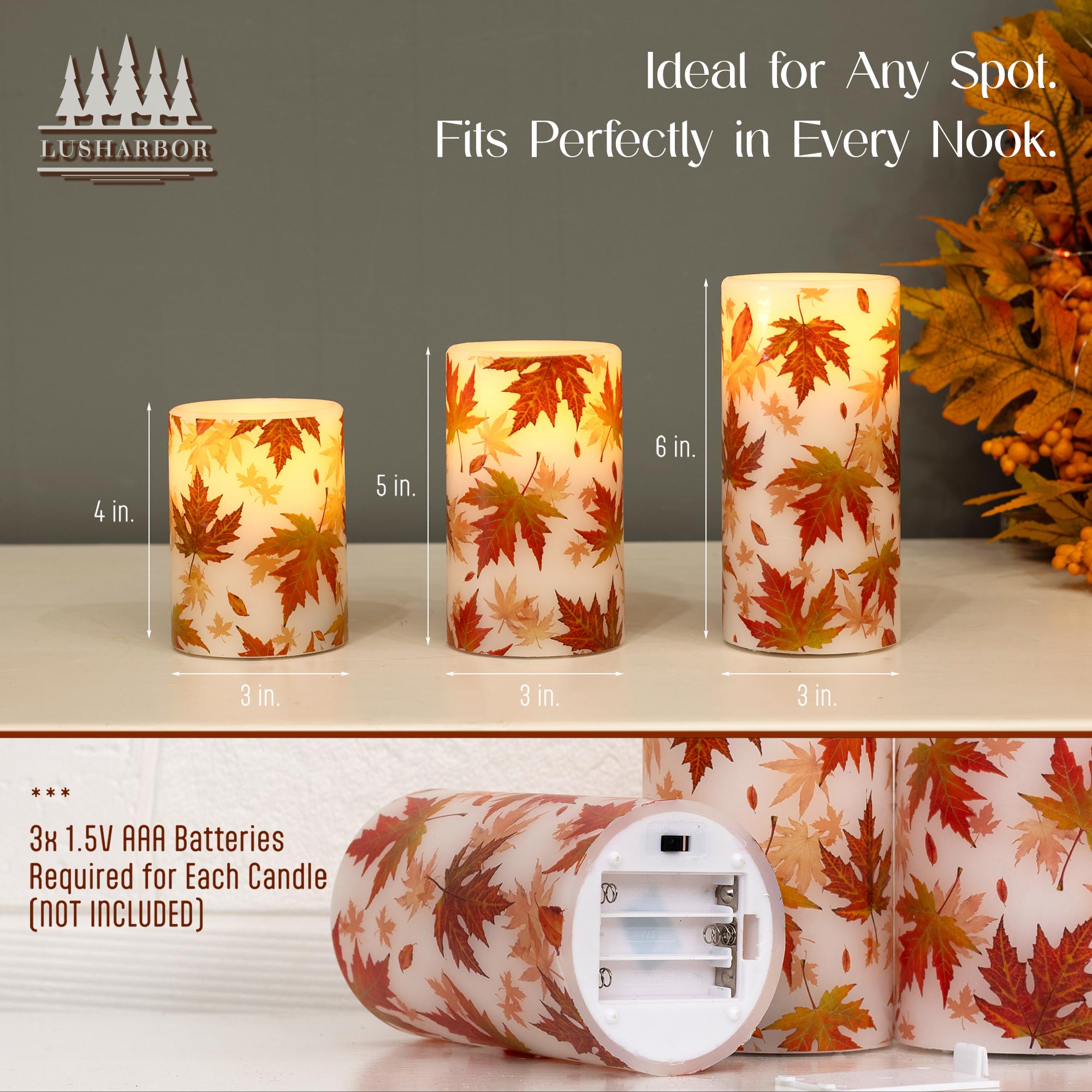LUSHARBOR Candele senza fiamma con telecomando, a forma di foglia d'acero, a batteria, per il Ringraziamento, candele a LED, in vera cera, decorazione autunnale, candele elettriche, set di 3