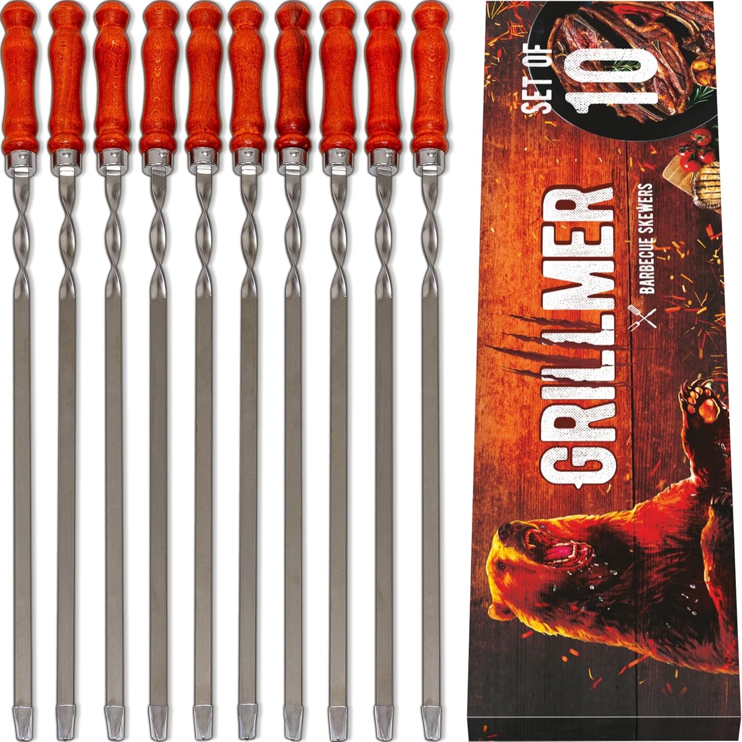 Long Stainless Steel BBQ Skewers 23.6" — Shish Kabob/Kebab Sticks, Flat Heavy-Duty Metal Grilling Rods for Picanha & Shashlik, Brazilian BBQ, Set of 10