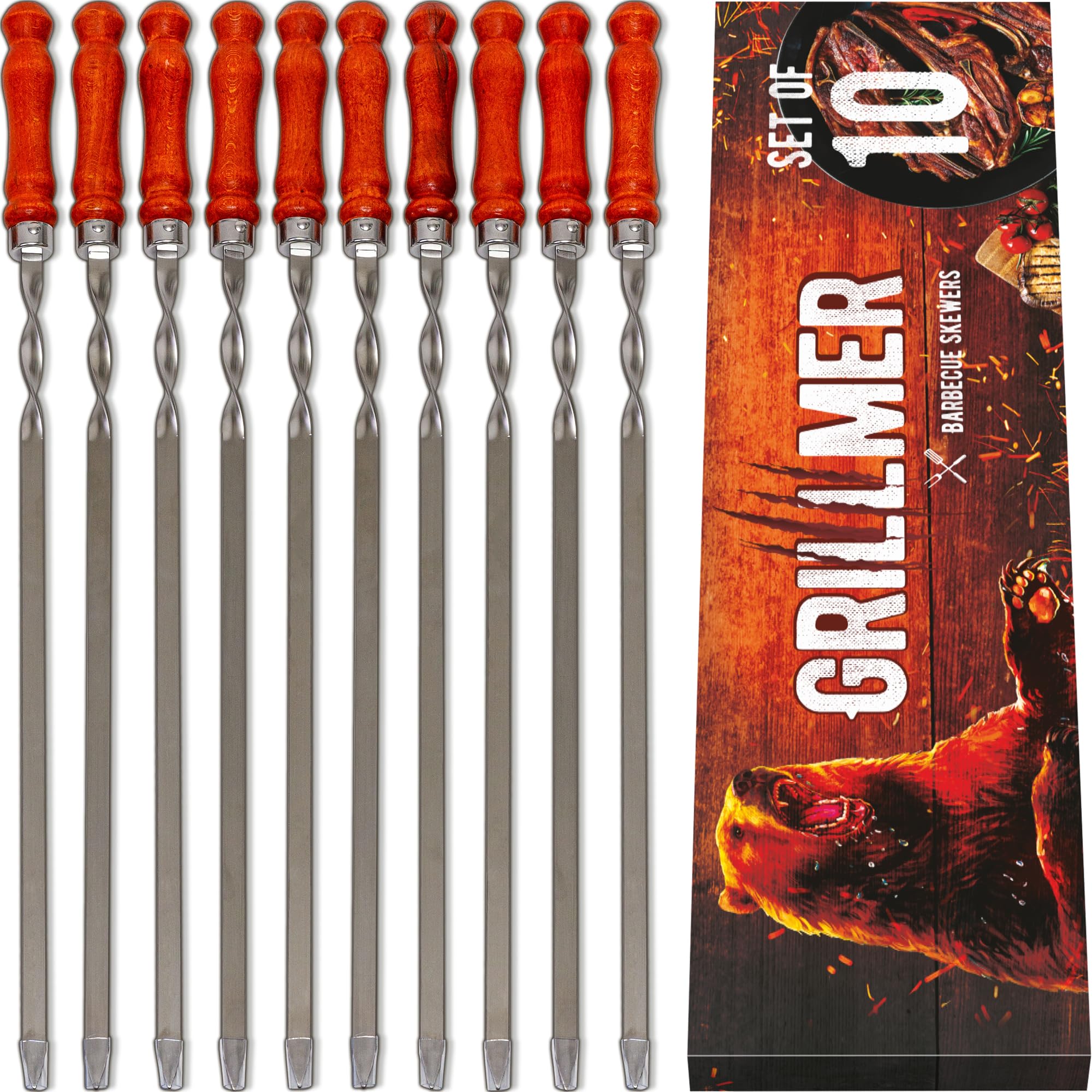 Long Stainless Steel BBQ Skewers 23.6" — Shish Kabob/Kebab Sticks, Flat Heavy-Duty Metal Grilling Rods for Picanha & Shashlik, Brazilian BBQ, Set of 10
