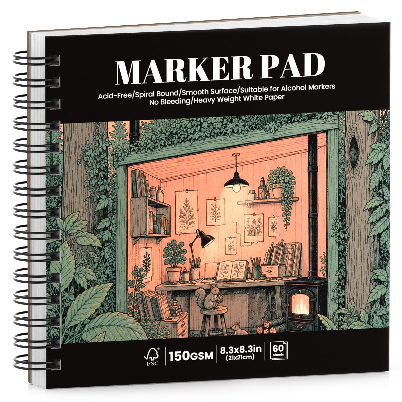 8.3 x 8.3in Marker Sketchbook 60 Sheets, Drawing Paper 150gsm Double-Sided