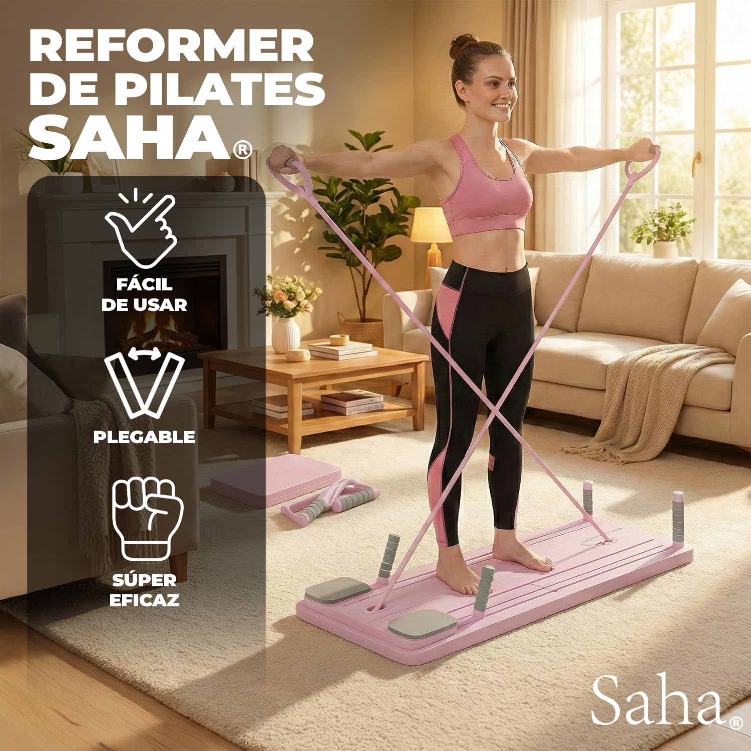 Saha® Tabla Pilates Reformer Rosa | Aparato Abdominales Fitness Casa con Bandas de Resistencia, Asas y Temporizador | Yoga Core Entrenamiento Cuerpo Completo | Original Corner
