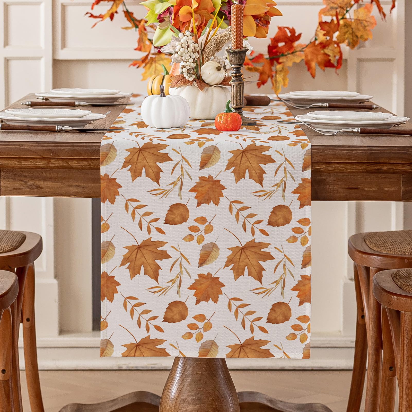 Romanstile Fall Table Runner 13 x 72 Inch, Autumn Thanksgiving Brown Maple Leaves Harvest Farmhouse Style Table Decoration for Dining, Holiday, Party Decor — image 1