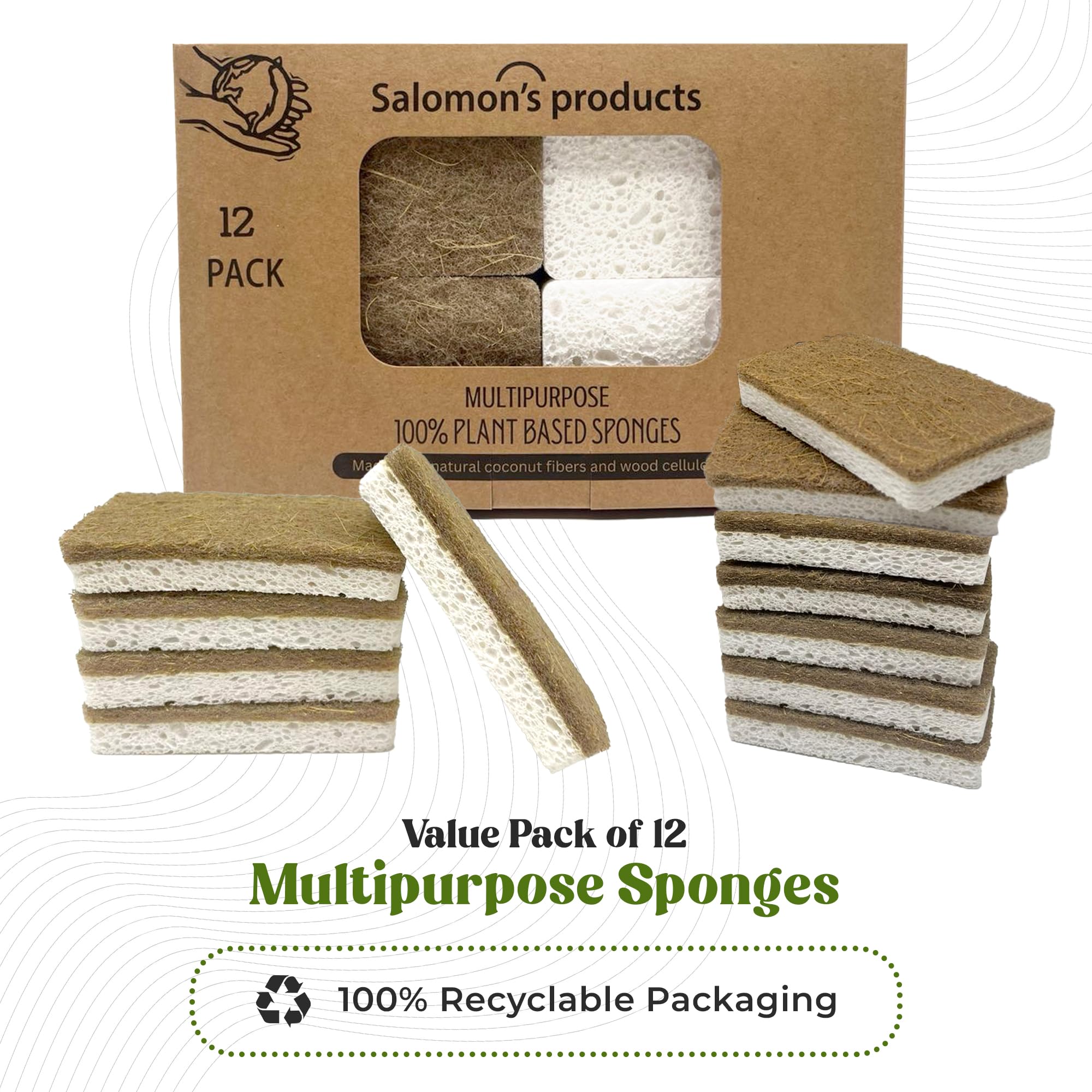 Salomon's Products Esponjas multiusos a base de plantas, paquete de 12, fibra de coco y celulosa de madera