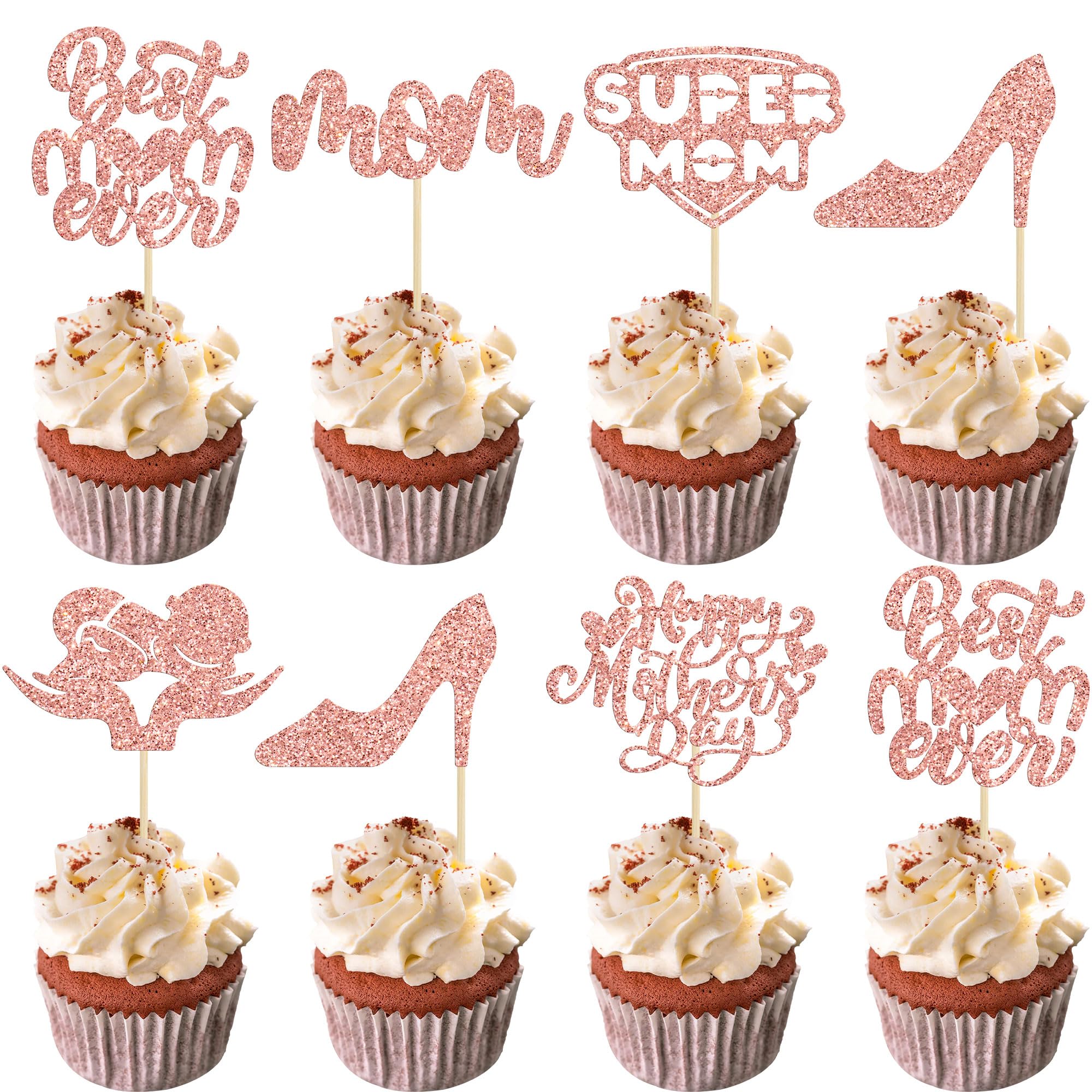 24Pcs Happy Mother's Day Cupcake Toppers Glitter Best Mom Ever Cupcake Picks Super Mom Cake Decorations for Happy Mother's Day Birthday Party Cake Decorations Supplies Rose Gold