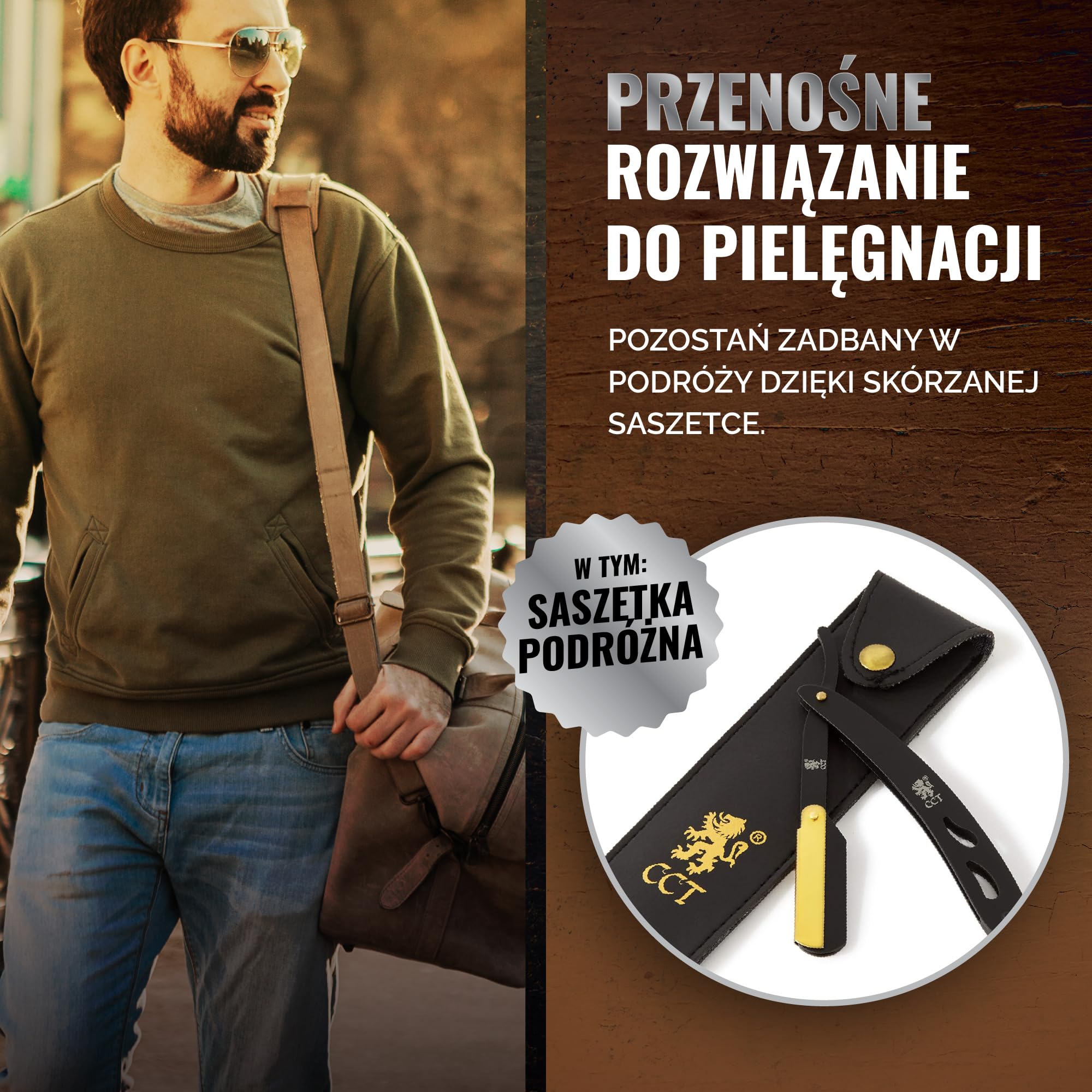 Profesjonalny zestaw brzytwy The Cambridge Cutthroat® Missanda z Drewna i Stali Nierdzewnej, brzytwa z pojedynczym ostrzem premium, do stylizacji wąsów i brody, z etui podróżnym