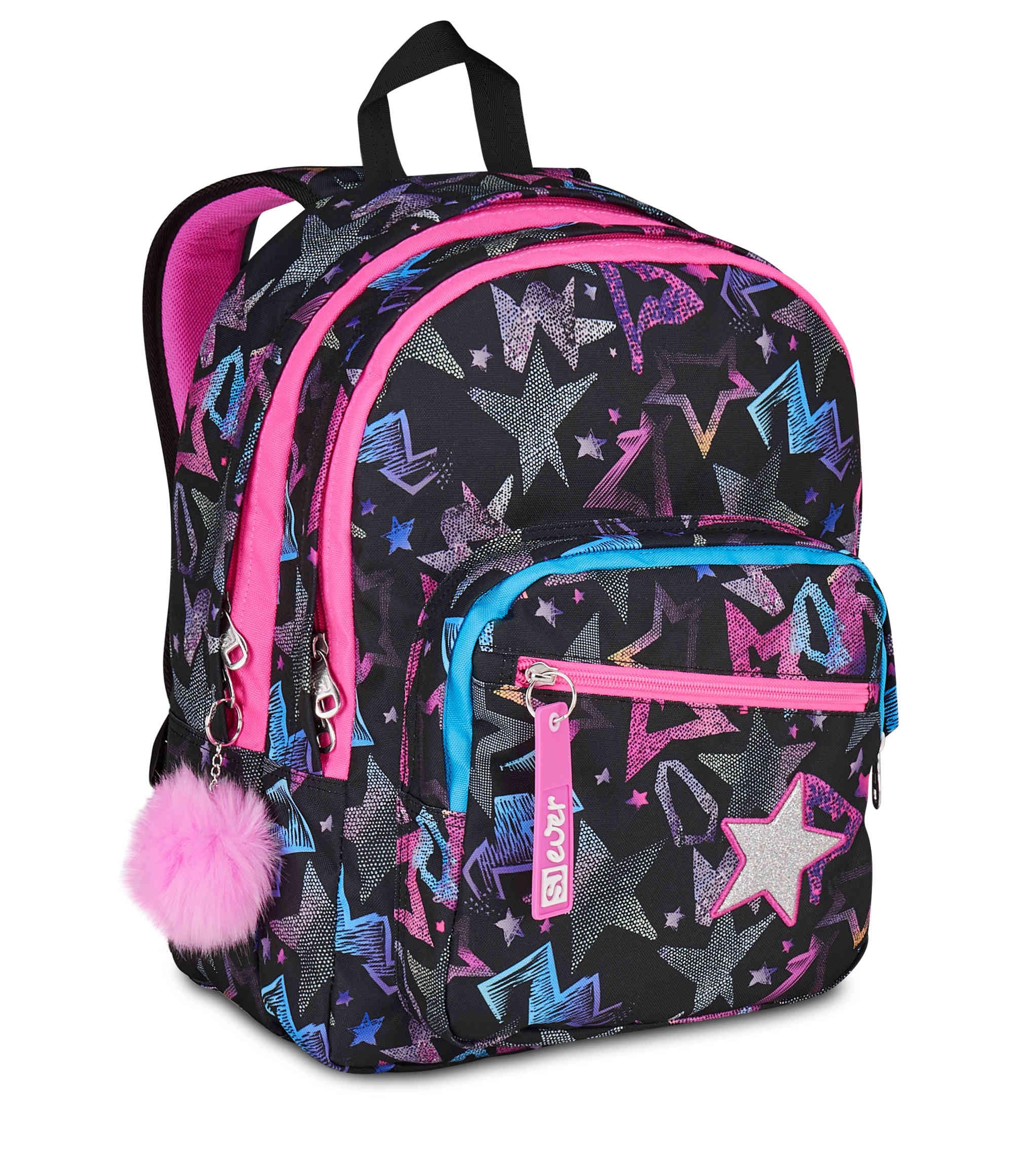 SJ GANG STYLE JAM GANG Zaino Scuola Doppio Scomparto, Sj Ever Star Drafts, Nero, 31 L, Con Tasca Porta Borraccia e Charm Staccabile, Elementari, Bambina