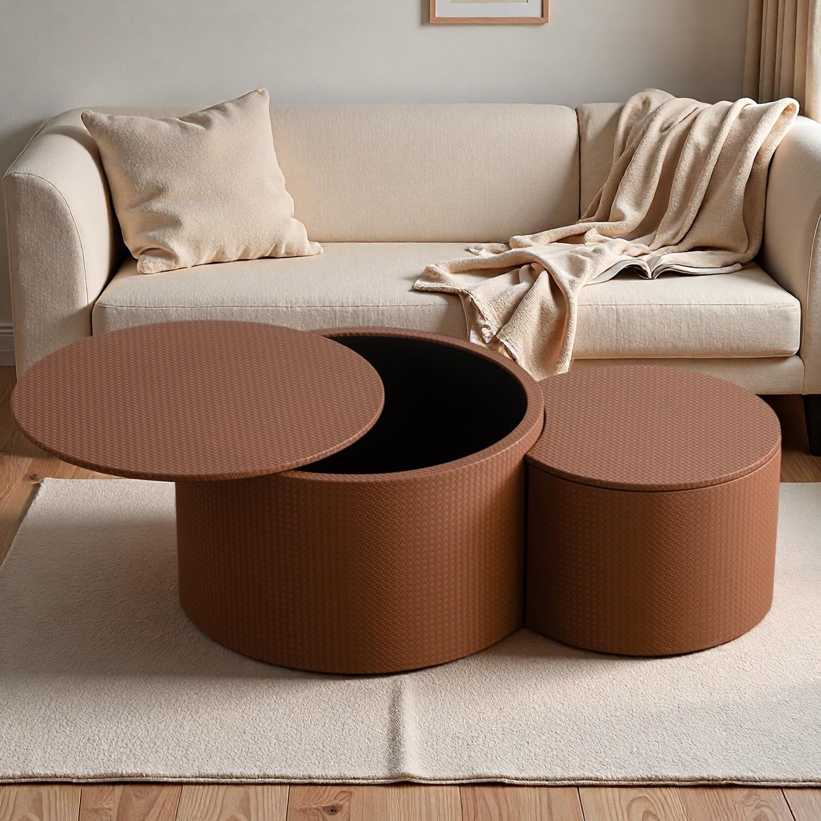 Set di 2 Tavolini Sovrapponibili per Spazi Ridotti, Brown with storage | Tavolini Rotondi con Finitura in Pelle e Vano Contenitore - Struttura in Legno – Tavolini Laterali a Tamburo Ideali